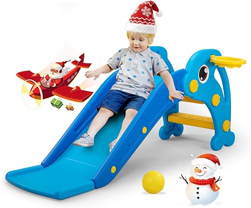 Tobogán 3 en 1 para niños pequeños, juego de escalador de plástico con aro de baloncesto y pelota, patio de juegos para interiores y exteriores para