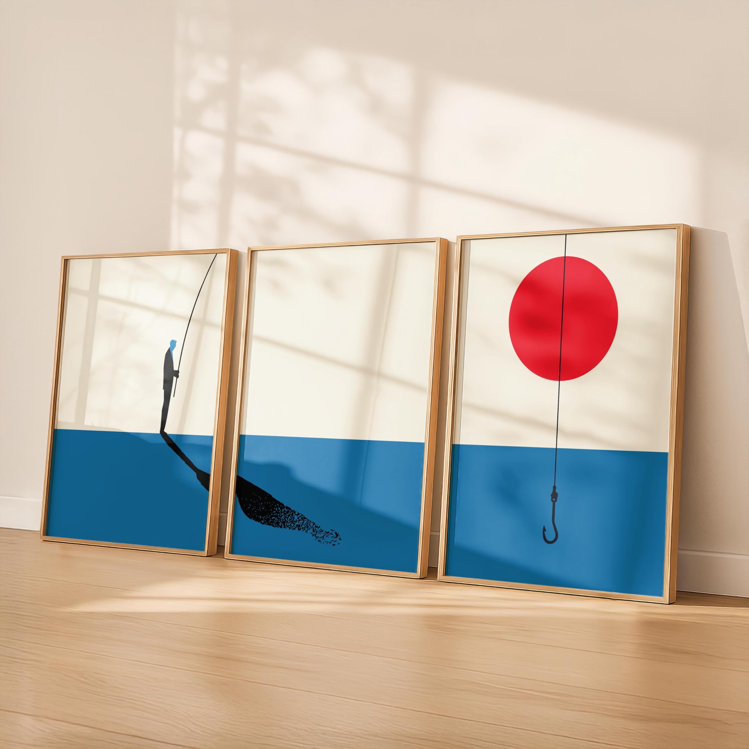 LMYCHENG Minimal Fishing Poster Set Of 3, Japandi Coastal Canvas Wall Art, Scandinavian Sea Print Artwork for Living Room Decor(60x80cmx3/Frameless)