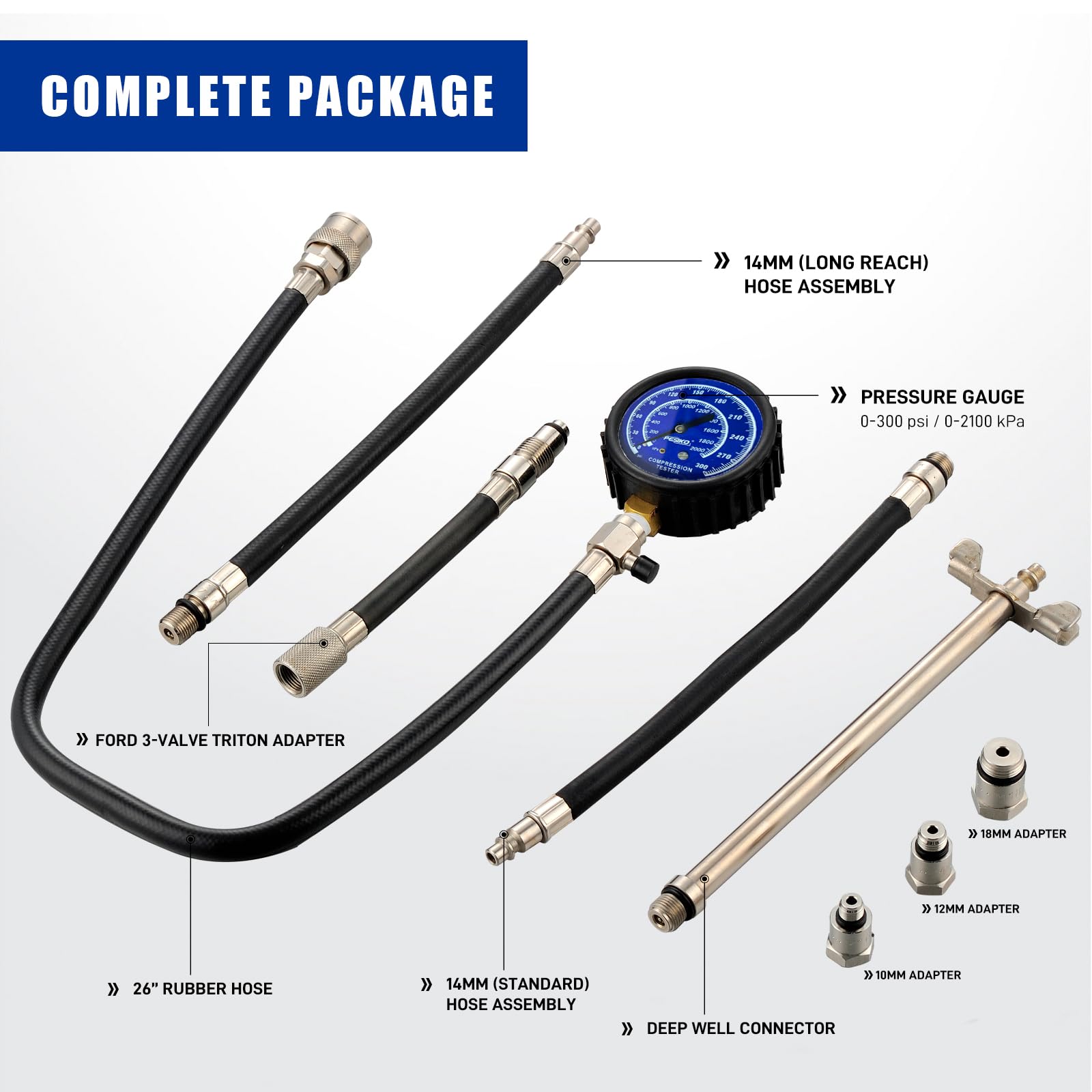 Kompressionstester Set 0-300 psi / 20.7 Bar für Benzin-Motoren, Kompressionsprüfer Zylinder-Kompressionstester mit Zündkerzen-Adaptern als Druckverlustprüfer
