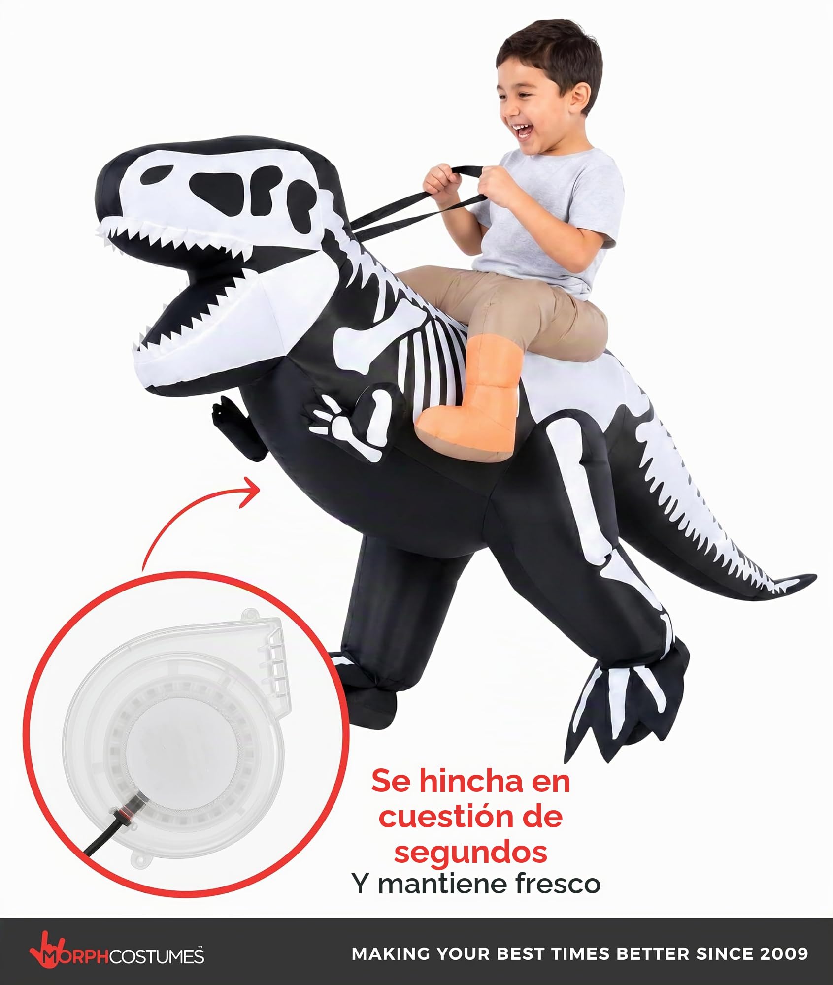 Morph Disfraz Dinosaurio Inflable Niño, Disfraz T-Rex Halloween Niño | Traje de Una Pieza para Montar, Esqueleto de T-Rex, Se Infla en Segundos, Perfecto para Halloween, Siempre un Éxito
