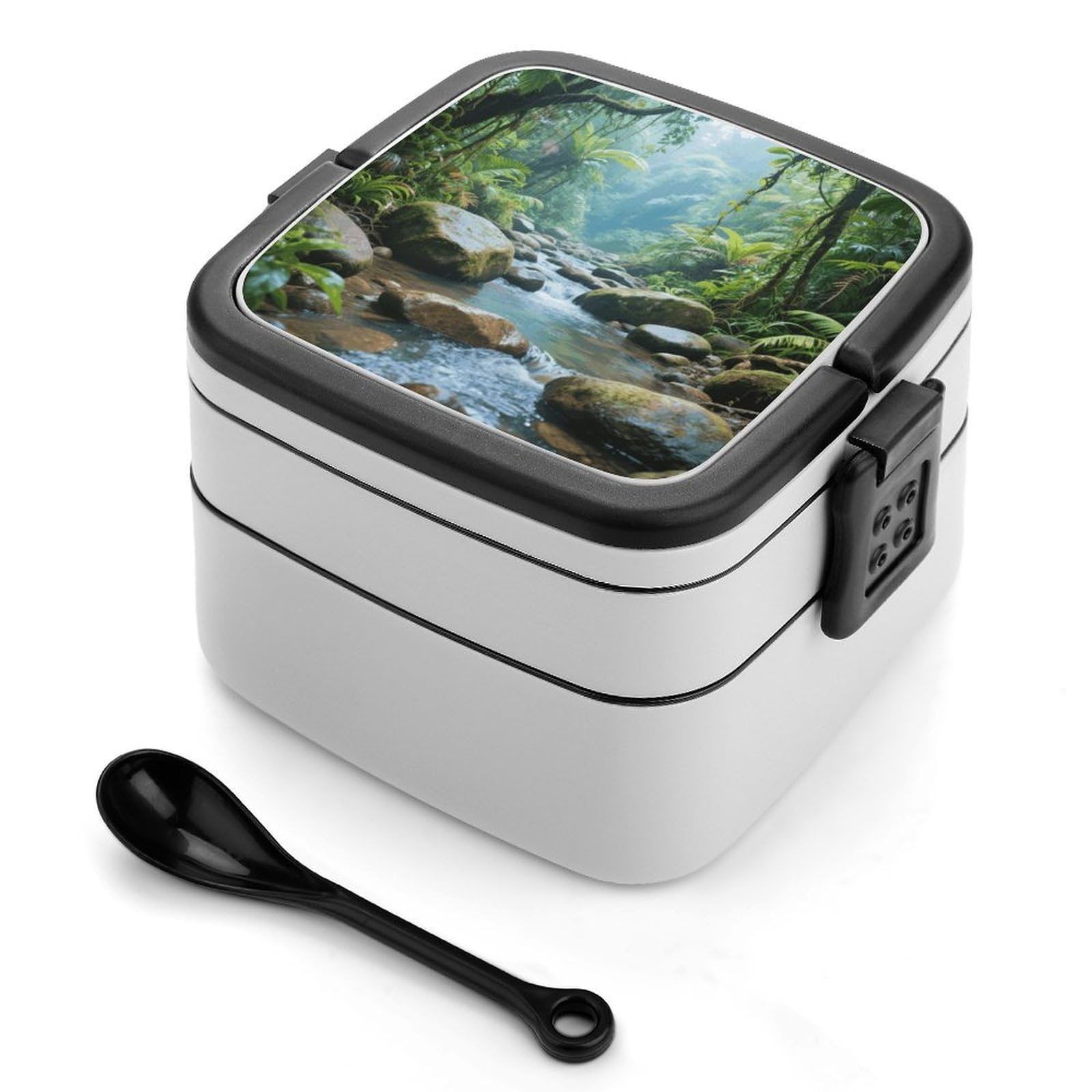VstaDank Rainforest Stream Beach Bento Box with Compartments Portable Lunch Containers with Spoon Leak Proof Bento Lunch Box Snap-On Design Double-Layer Insulated Lunch Boxes for Work Camping