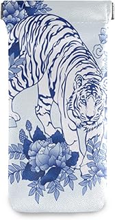 susiyo Porcelain Blue Tiger Floral Glasses Case Portable Microfiber PU Leather Soft Sunglasses Bag Eyeglasses Pouch Holder Squeeze Top for Women Men