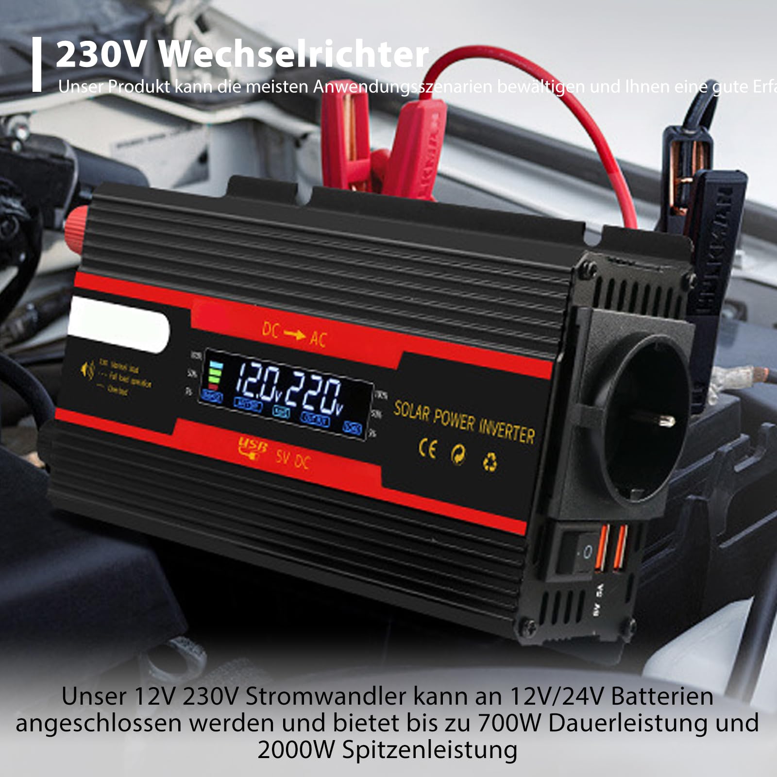 Wechselrichter Spannungswandler DC 12V / 24V auf AC 230V Modifizierte Sinuswelle Solar Inverter 700W/2000W mit EU Steckdosen, 2 USB Stromumwandler Adapter für Auto Kfz LKW Wohnwagen Camping