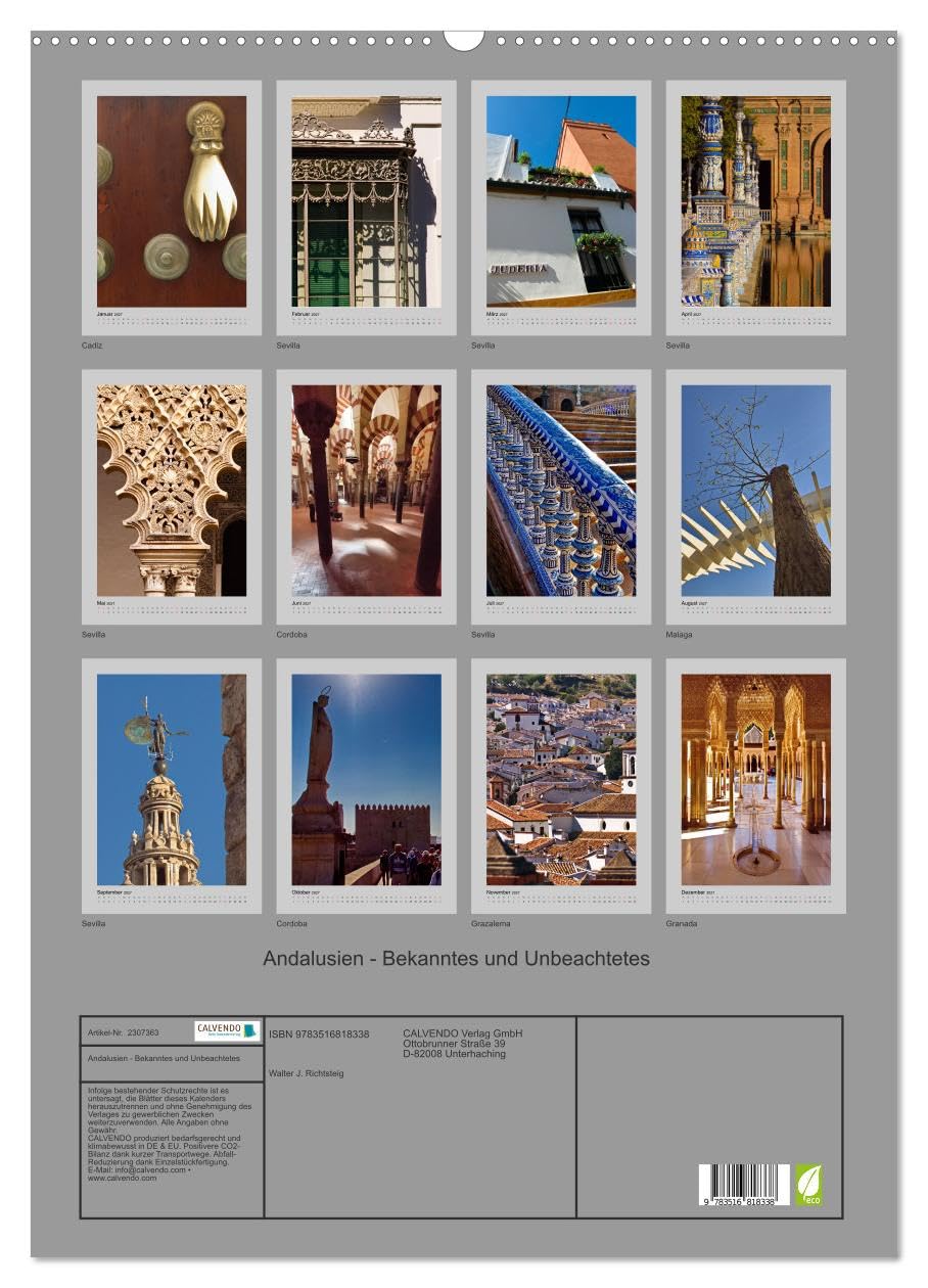 Andalusien - Bekanntes und Unbeachtetes (Wandkalender 2027 DIN A2 hoch), CALVENDO Monatskalender: Andalusiens große und kleine "Kunst-Werke" (CALVENDO Orte)