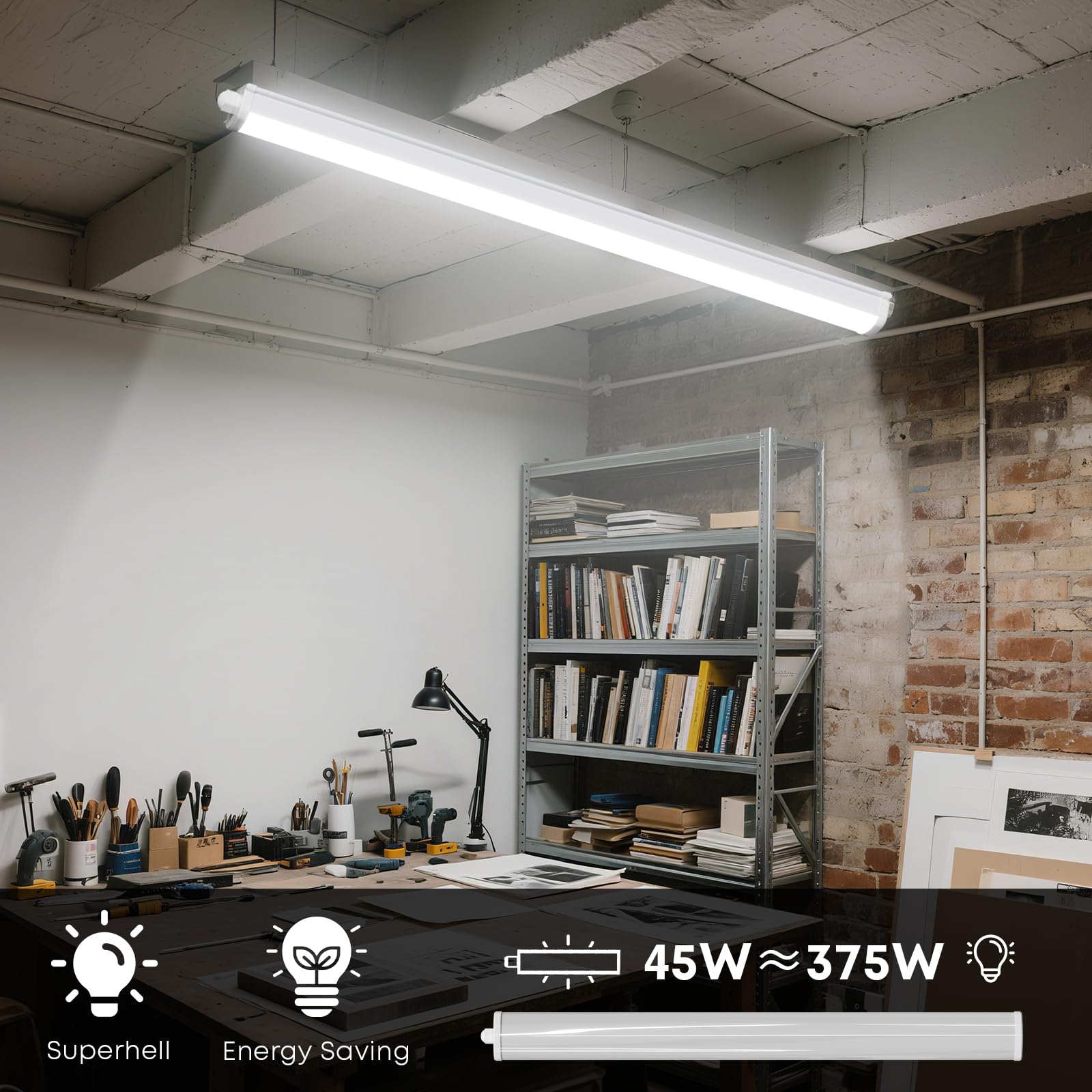 LQWELL LED Feuchtraumleuchte, LED Röhre 150x6.8x5cm IP65 Wasserfest, 45W 5050LM 6500K, Deckenleuchte Lange als Kellerleuchte, Wannenleuchte, Nassraumleuchte, Garagelampe, Werkstattlampe, 4 Stück