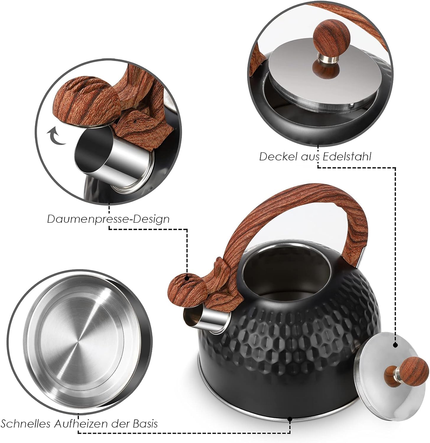 Tea Pot Stovetop, 85 OZ / 2.5 L Whistling Tea Kettle for Stove Top, Food Grade Stainless Steel Water Kettle with Wood Pattern Handle for Coffee/Tea/Milk etc, Kettle Pot Gas Electric Applicable (Black)