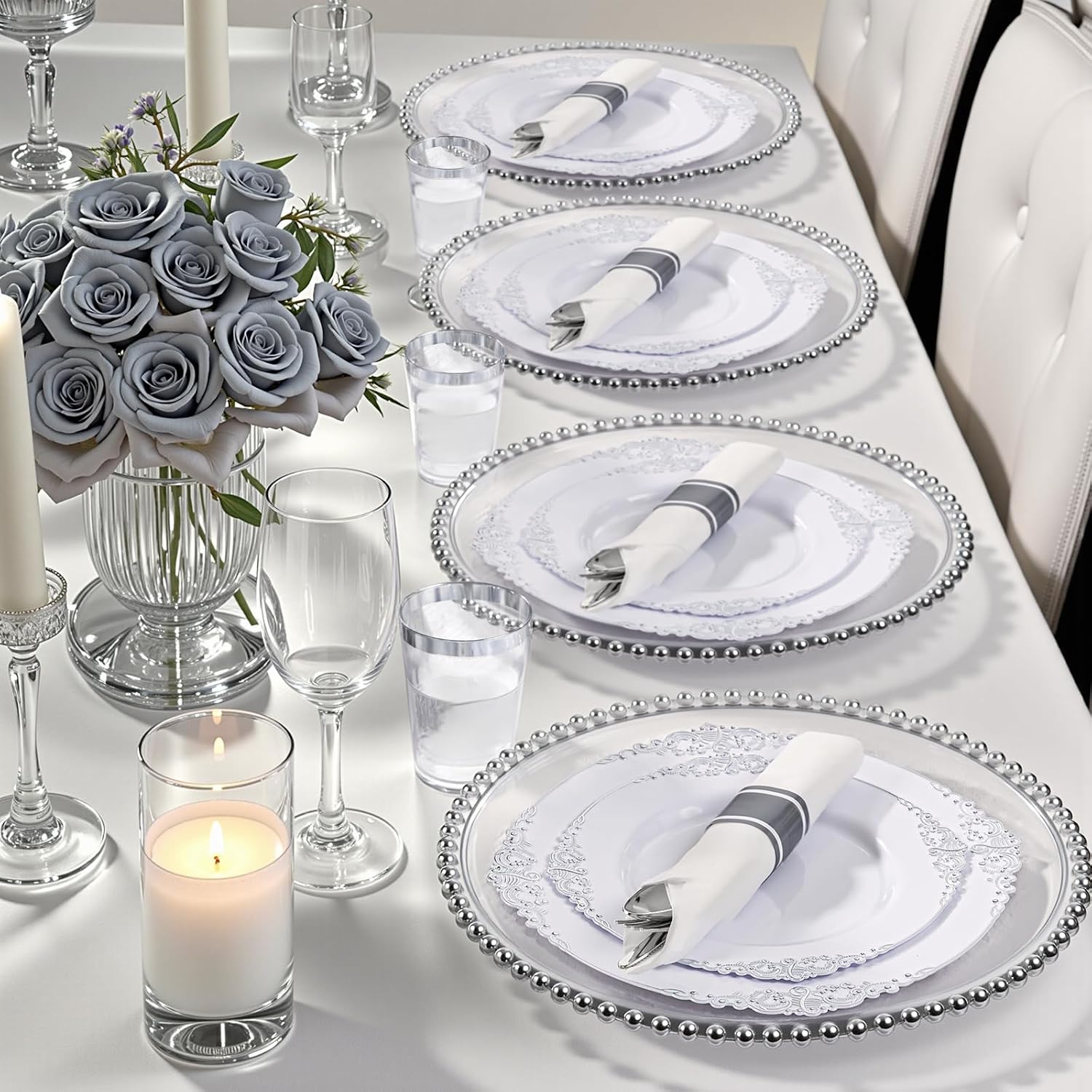 Nervure 800PCS Silver Plastic Dinnerware Bundle - 700PCS Set for 100 Guests (Plates, Silverware, Cups, Napkins) & 100PCS 7.5Inch Silver Rim Disposable Dessert Plates - Ideal for Weddings, Parties & Ga