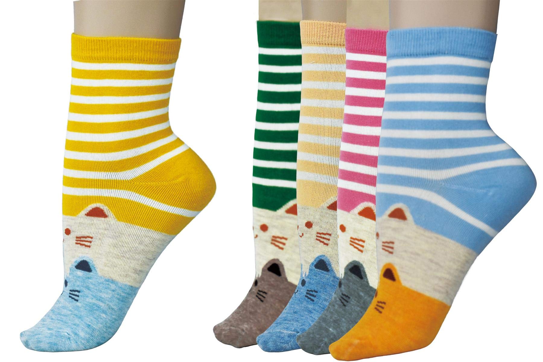 Two Kitty Faces Toe Print Ladies Female Women Socks 5 Pairs Pack Size 3 to 6 uk
