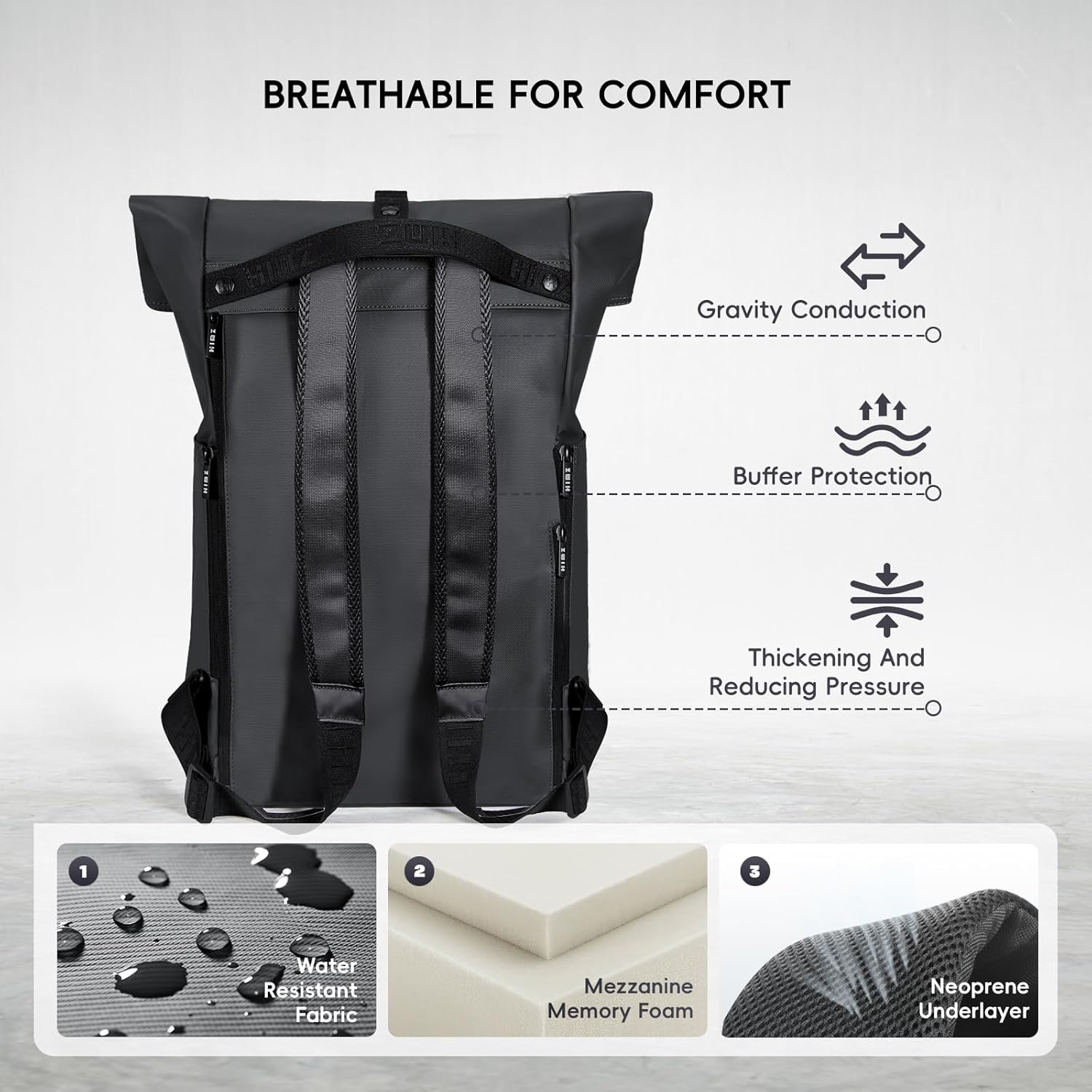 Rolltop Laptop Backpack for Adults, Water-Resistant Expandable Daypack with Dedicated Compartment Fits 15.4” Computers, Business Travel Backpack for Work, Commute, College & Carry-On Trips, Black - Image 3