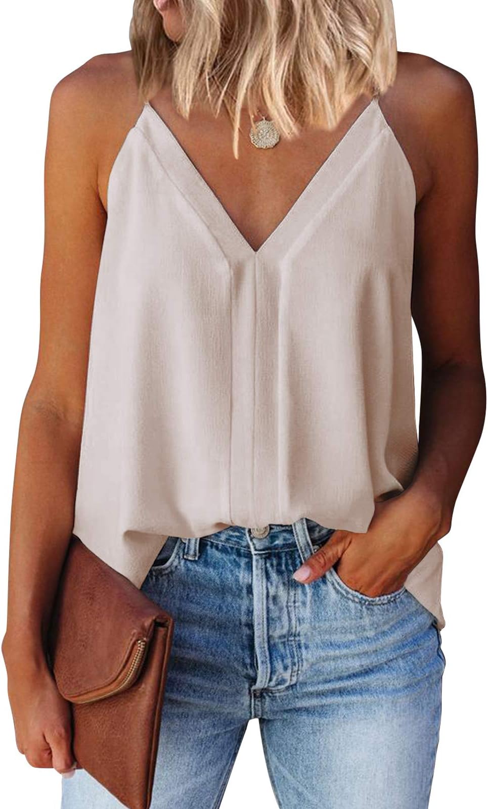 Womens V Neck Strappy Tank Tops Loose Casual Sleeveless Shirts Blouses