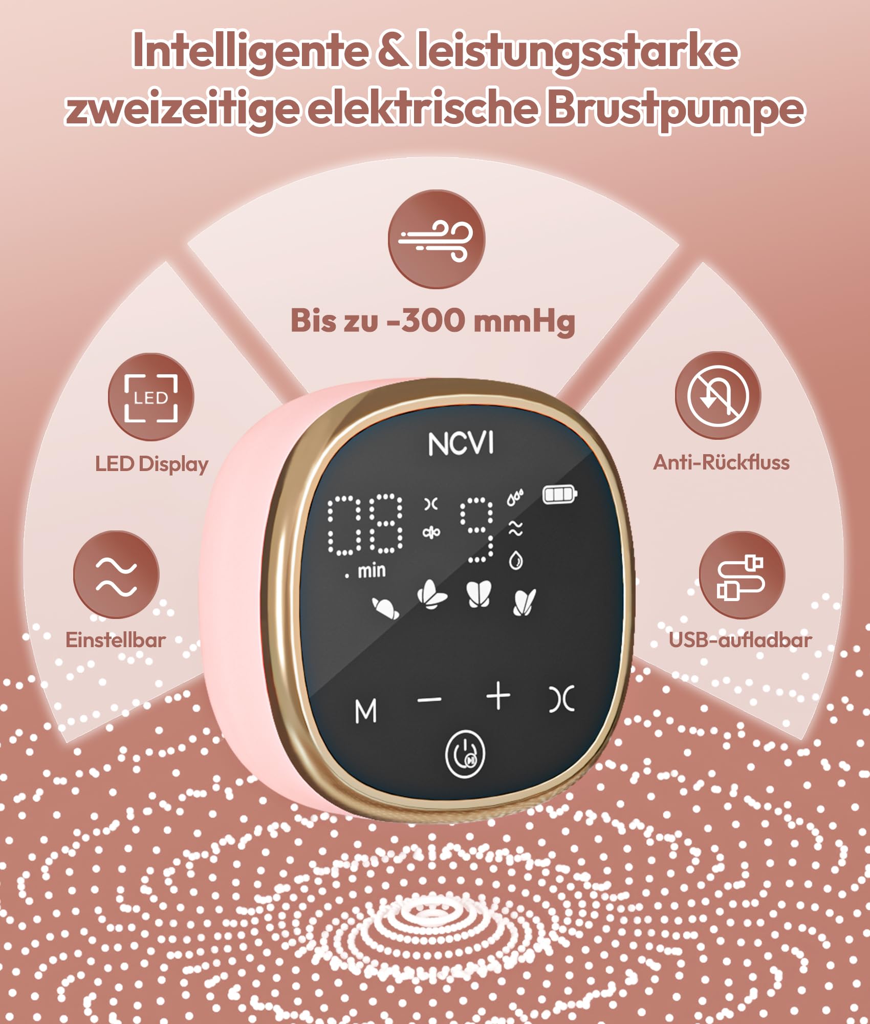 NCVI Milchpumpe Elektrisch mit 4 Modi & 9 Stufen für Effizientes Abpumpen der Muttermilch, Ultra-Leise (40dB), Anti-Rückfluss, USB-Aufladbar – Inkl. 10 Muttermilchbeutel & 6 Stilleinlagen (Rosa)