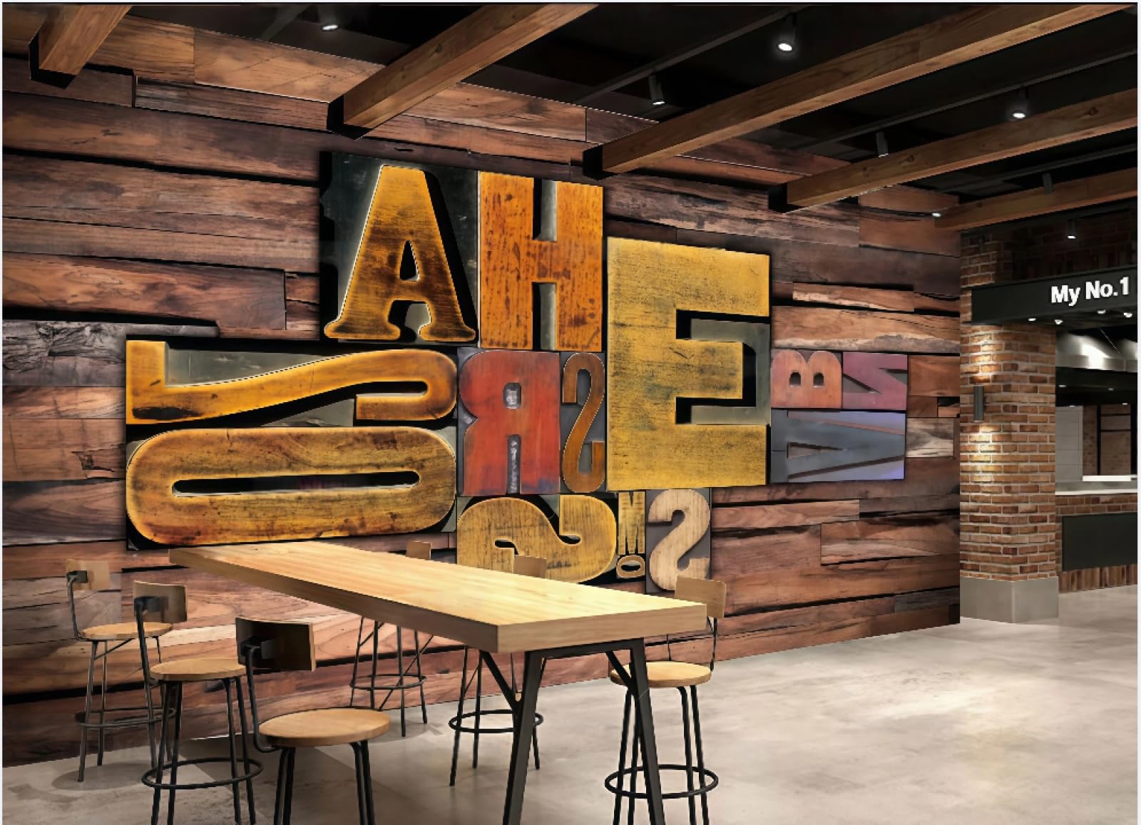 rskjdghshd Wallpaper Nostalgic Wood Board Three-Dimensional Letters Colorful Wooden Strips Afternoon Tea Burger Shop Bar Background Wall Western Restaurant Wallpaper Cafe Mural,3D,150x105cm