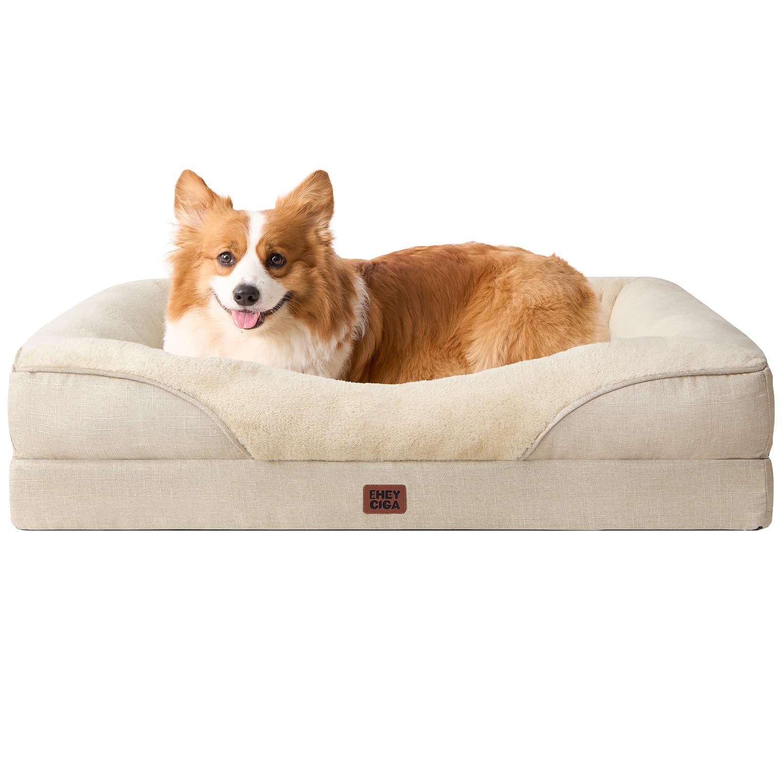 EHEYCIGA Orthopedic Dog Bed for Medium Dog, 35x22x6.5 Inch Memory Foam Dog Couch Bed with Sides, Waterproof Liner & Washable Removable Cover, Bolster Pet Sofa, Beige