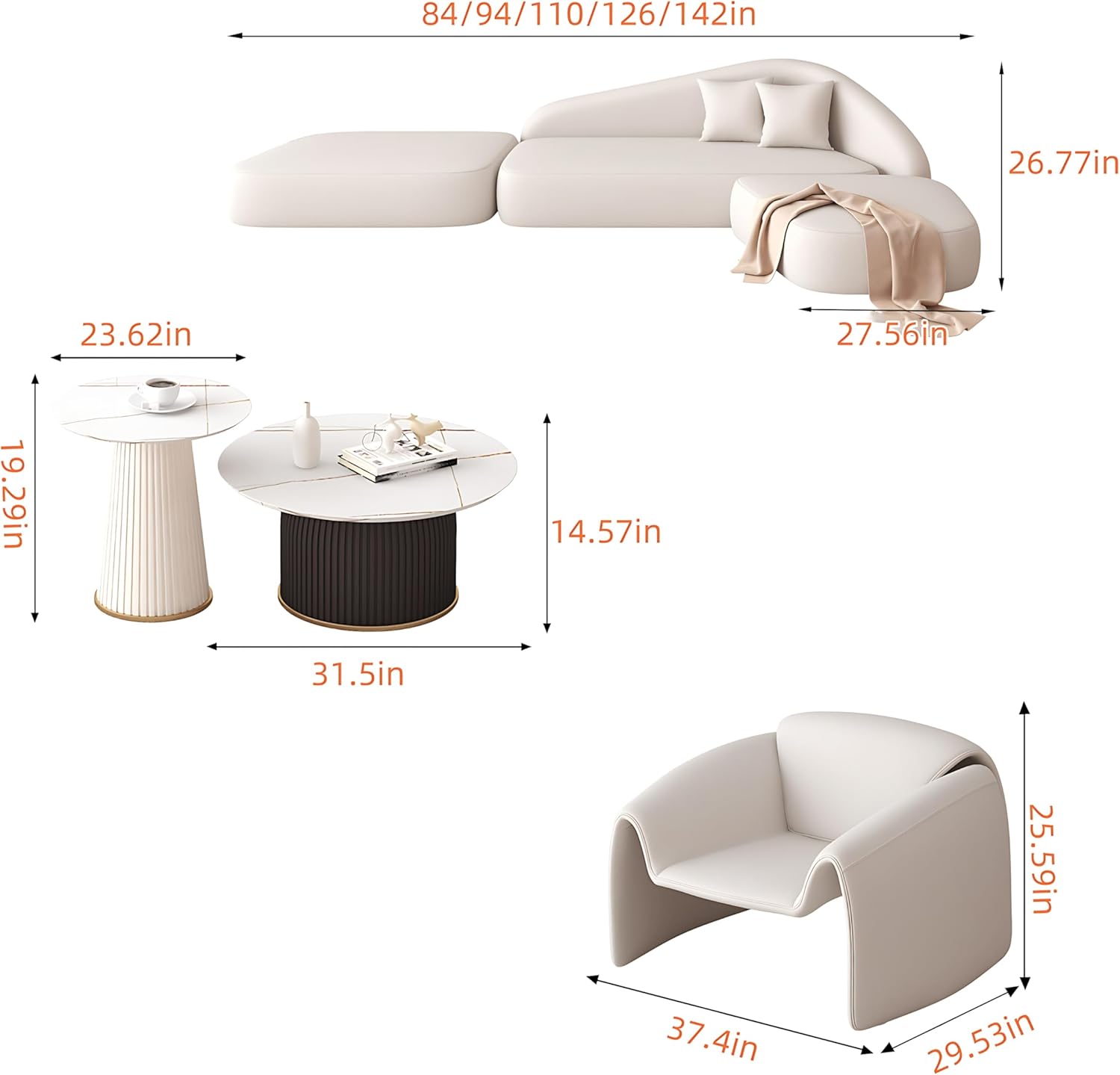 L Shaped Curved Couch - Leather Couches & Pillow | Luxurious Sectional Sofa Set with Coffee Table for Multiple Scenes (Sofa + Chair + Coffee Table, 94in)