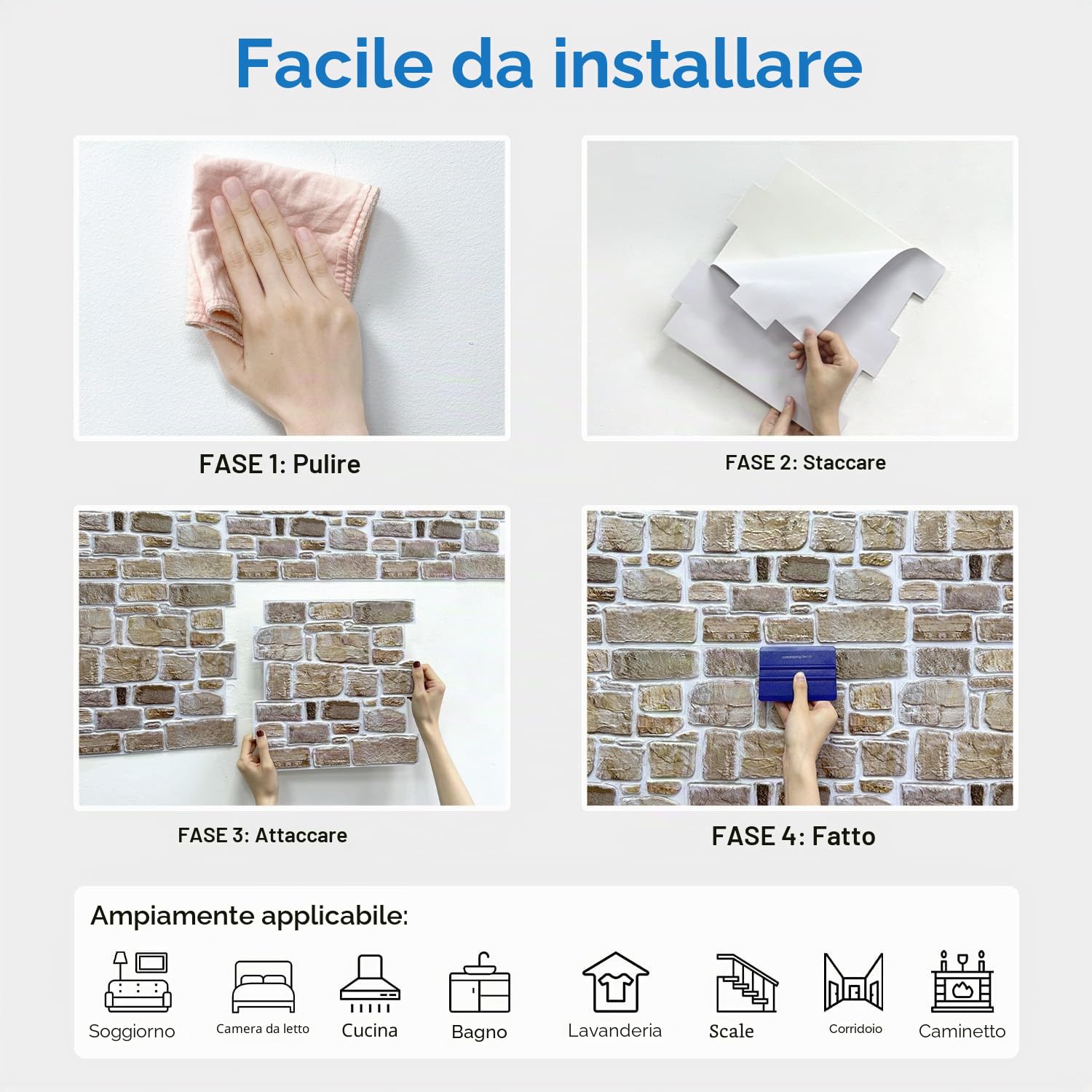 COMSTICKC Pannelli Adesivi per Pietra 3D, 10 Pezzi 30x30cm, Mattoni 3D Adesivi Murali, PVC Pannello Finta Pietra per Decorativi Pareti Interne Cucina, Bagno, Soggiorno (Marrone)