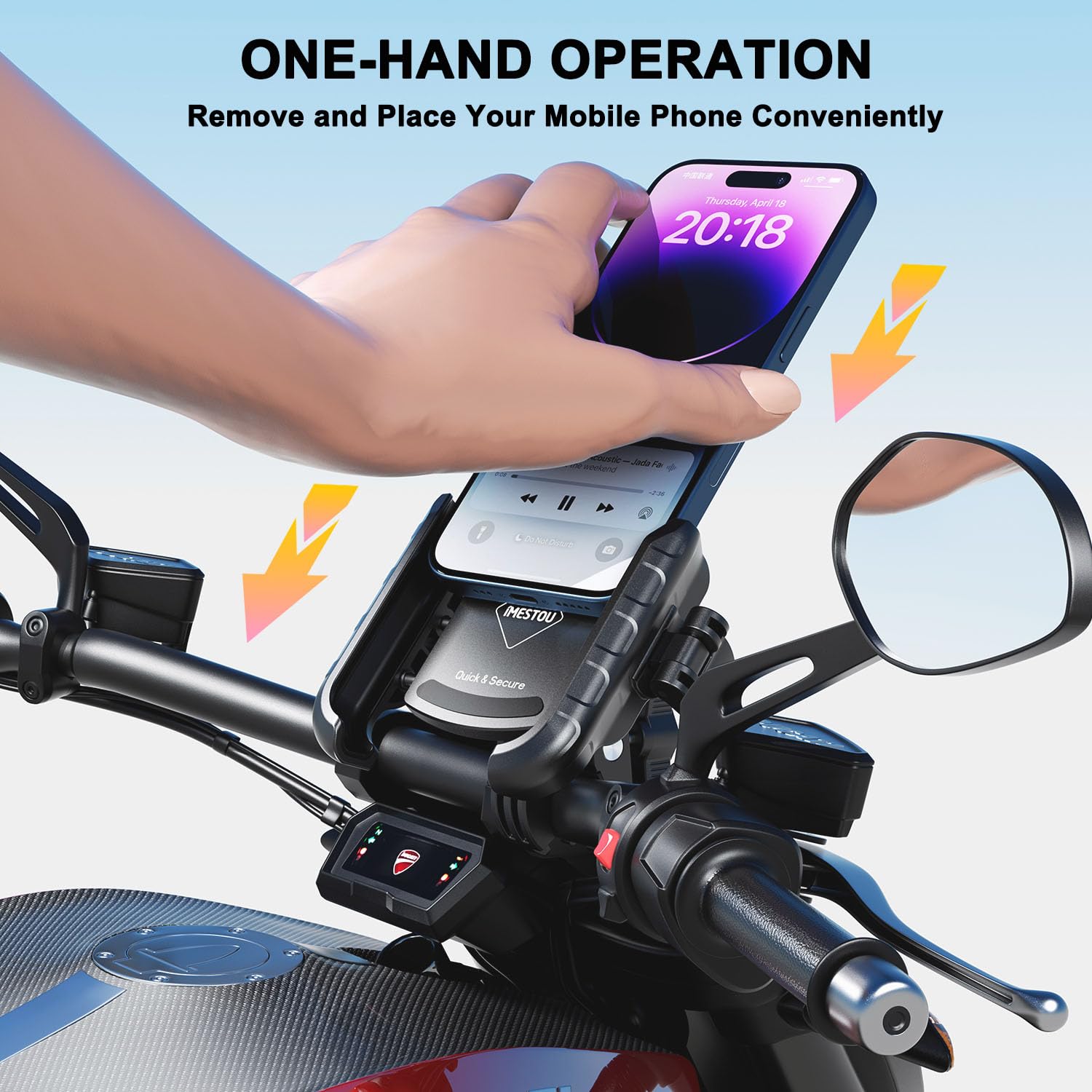 iMESTOU Ulepszony antywibracyjny uchwyt na telefon uniwersalny do iPhone'a Samsung 13.7 cm-18.3 cm smartfonów o grubości do 15 mm, szybkie zapięcie, amortyzator, pasuje do kierownicy motocykla 12-45