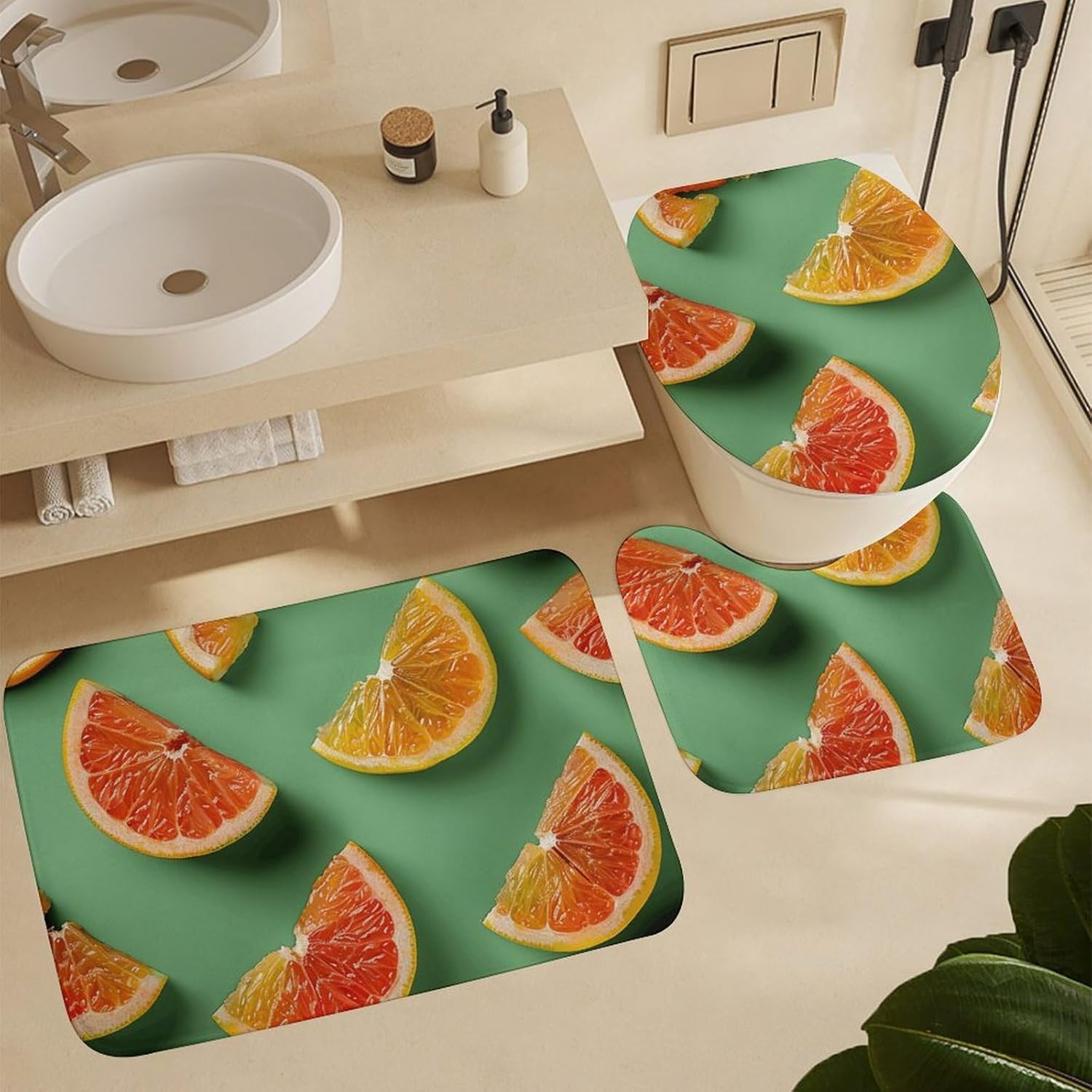JEKYQ Bathroom Rug Set, 3 Piece Bath Mat Set, Bath Rugs, Grapefruit