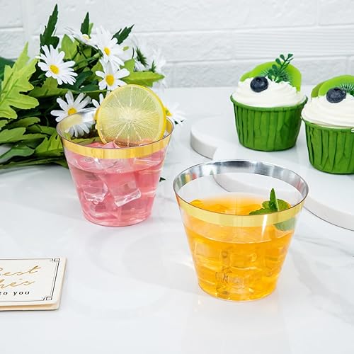 Vista 12 de I00000 200 vasos de plástico desechables plateados de 10 onzas, vasos de plástico transparente a la antigua, vasos de borde plateado, desechables