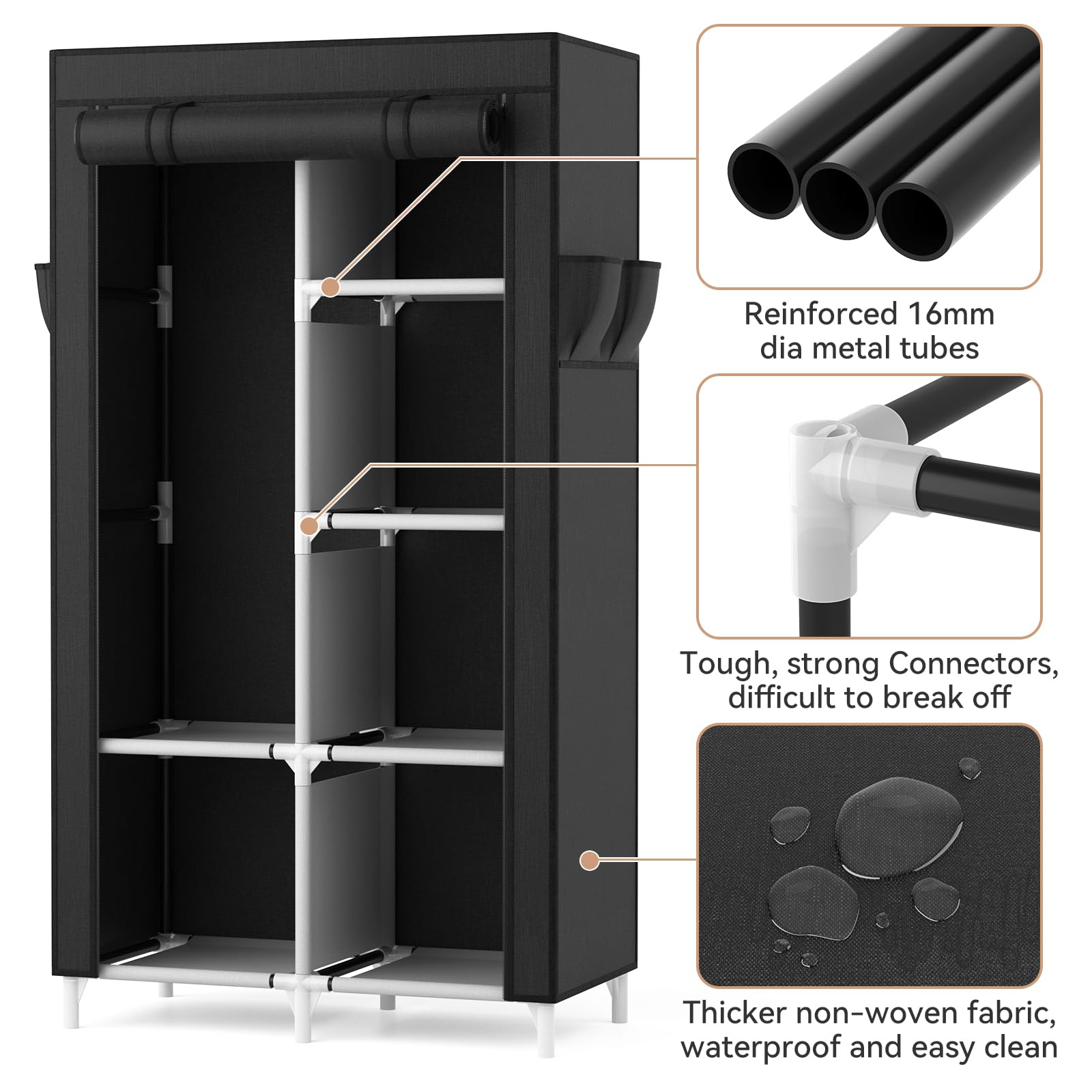 Vicye Armoire Chambre en Tissu, Armoire Penderie 2 Portes avec Barre de Suspension et Étagères, Penderie Tissu avec Housse pour Vestiaire Dressing Chambre (Noir, 84 x 42 x 162 cm)