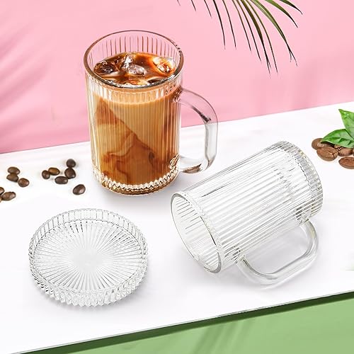Miniatura 3 de Noamus Paquete de 2 tazas de café con tapa de vidrio, taza de té de rayas verticales clásicas transparentes de 13 onzas, juego de cristalería