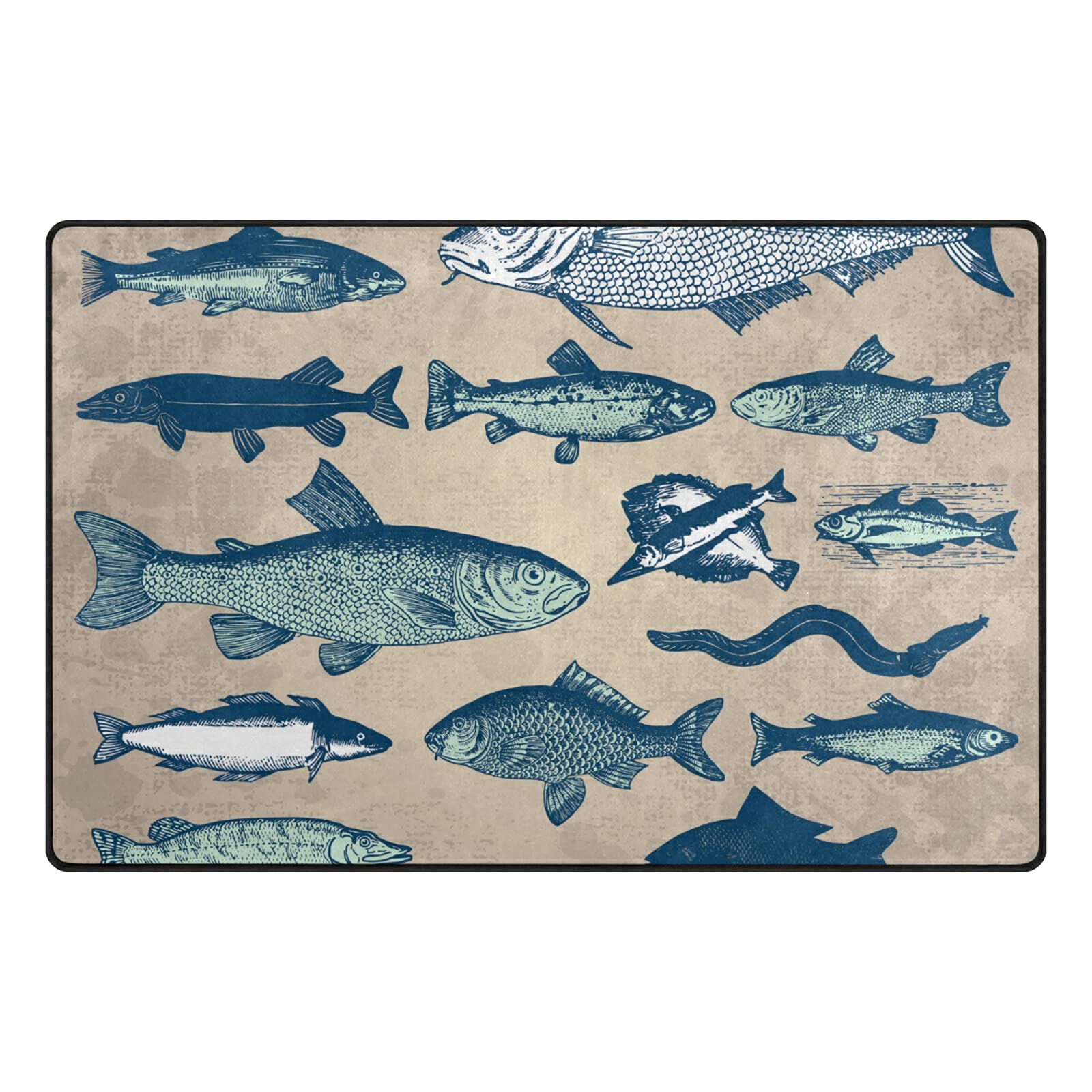 Retro Underwater Marine Fish Drawings Set Icons Vintage Style 23.6"x15.7" Non-Slip Area Rug, Floor Entry Welcome Mat, Bathroom Home Doormats, Front Door Mats Carpets Rugs for Outdoor Indoor
