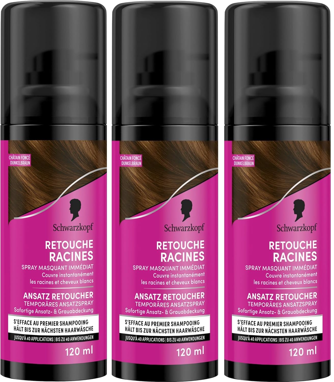 Schwarzkopf - Lot de 3 Retouche Racines Cheveux Blancs - Spray Masquant Temporaire Racines Cheveux - S’efface au premier shampooing - Châtain foncé