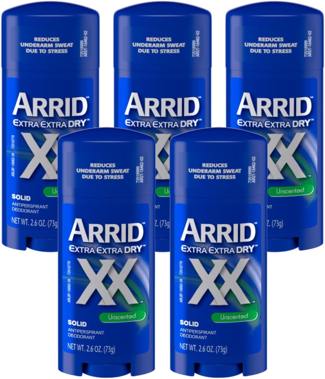 Arrid XX Extra Extra Dry Solid Antiperspirant Deodorant, Unscented, 2.6 oz. (Pack of 5)