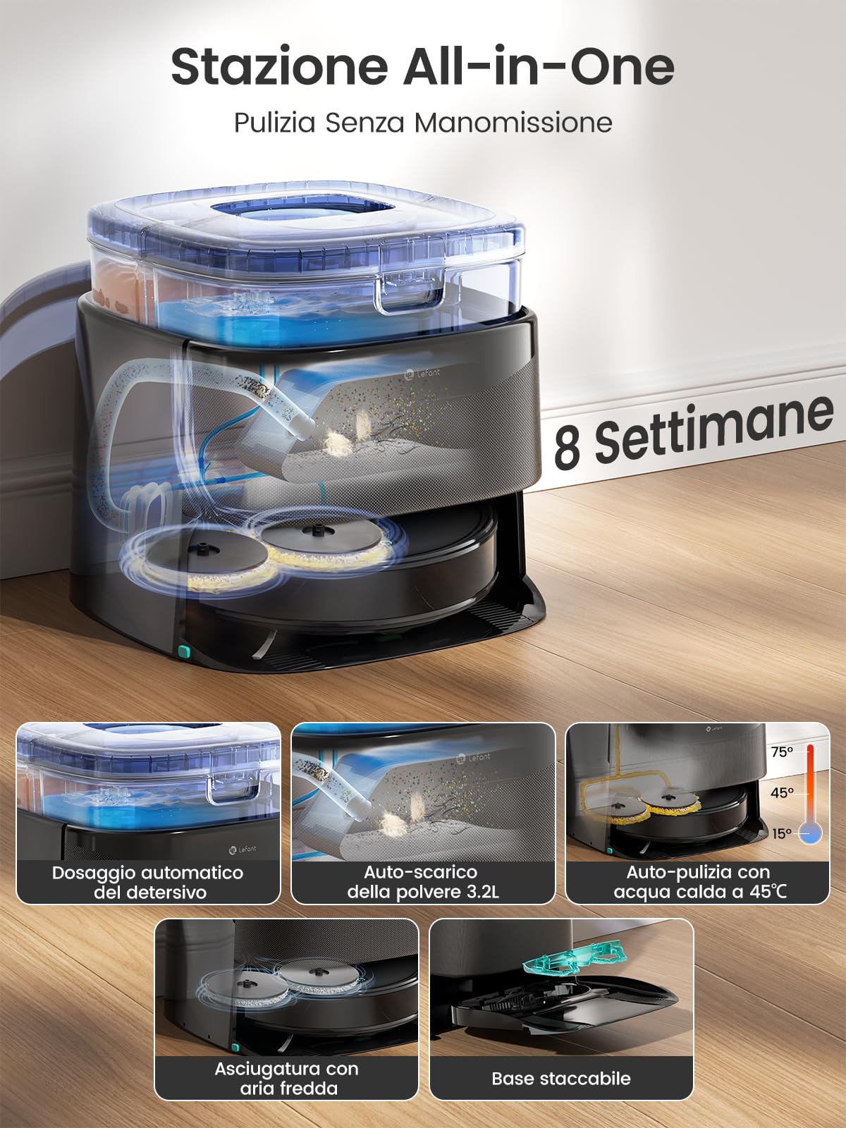 LEFANT M3Max Robot Aspirapolvere Lavapavimenti con Mappatura, Laser dToF, Evitamento PSD, 20000Pa, 3.2L Auto Svuotamento, Stazione All in One, Lavaggio Mop 45°C e Asciugatura, WiFi 2.4G 5G, Alexa App