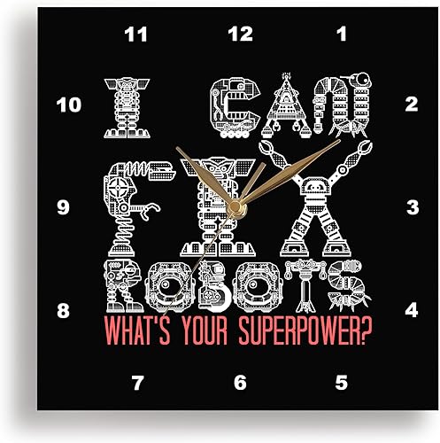 3dRose Wall Clock Silent - 13 inch - I Can Fix Robots What is Your Superpower Funny Text Black Background - Alexis Design - Typography Funny Robotics