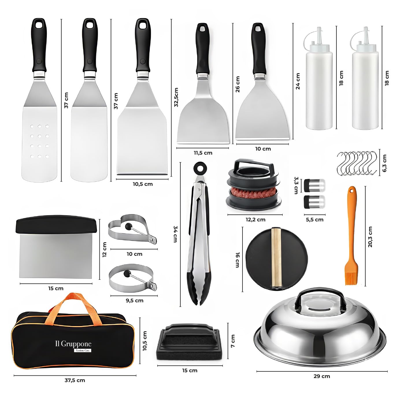 IlGruppone Set Accessori Barbecue Professionale 27 Pezzi Kit Completo BBQ Smash Burger, Pressa Hamburger, Spatole, Pinze, Cloche e Dispenser Salse – Utensili in Acciaio Inox con Borsa Trasporto