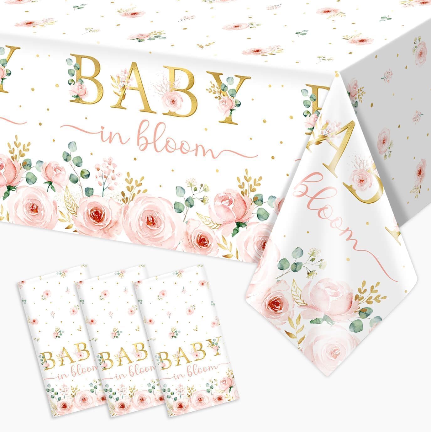Baby in Bloom Disposable Plastic Tablecloth 3pcs Pink Watercolor Floral Baby Shower Table Cover Spring Party Supples and Decorations for Baby Girls