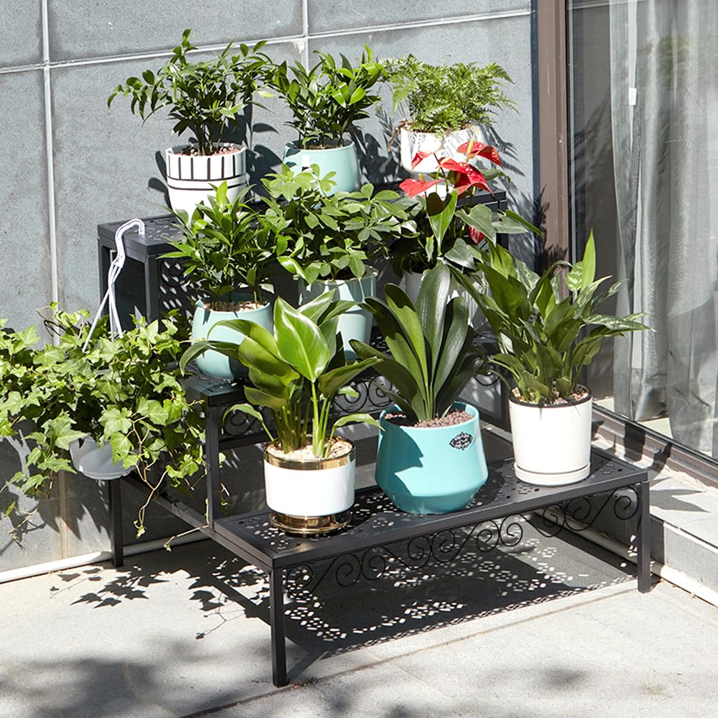 BAOYOUNI 3 Etagen Blumentreppe Blumenregal aus Metall Rechteckiges Pflanzenständer Pflanzenregal Blumentopfständer für Garten, Balkon, Terrasse, Indoor und Outdoor, Schwarz