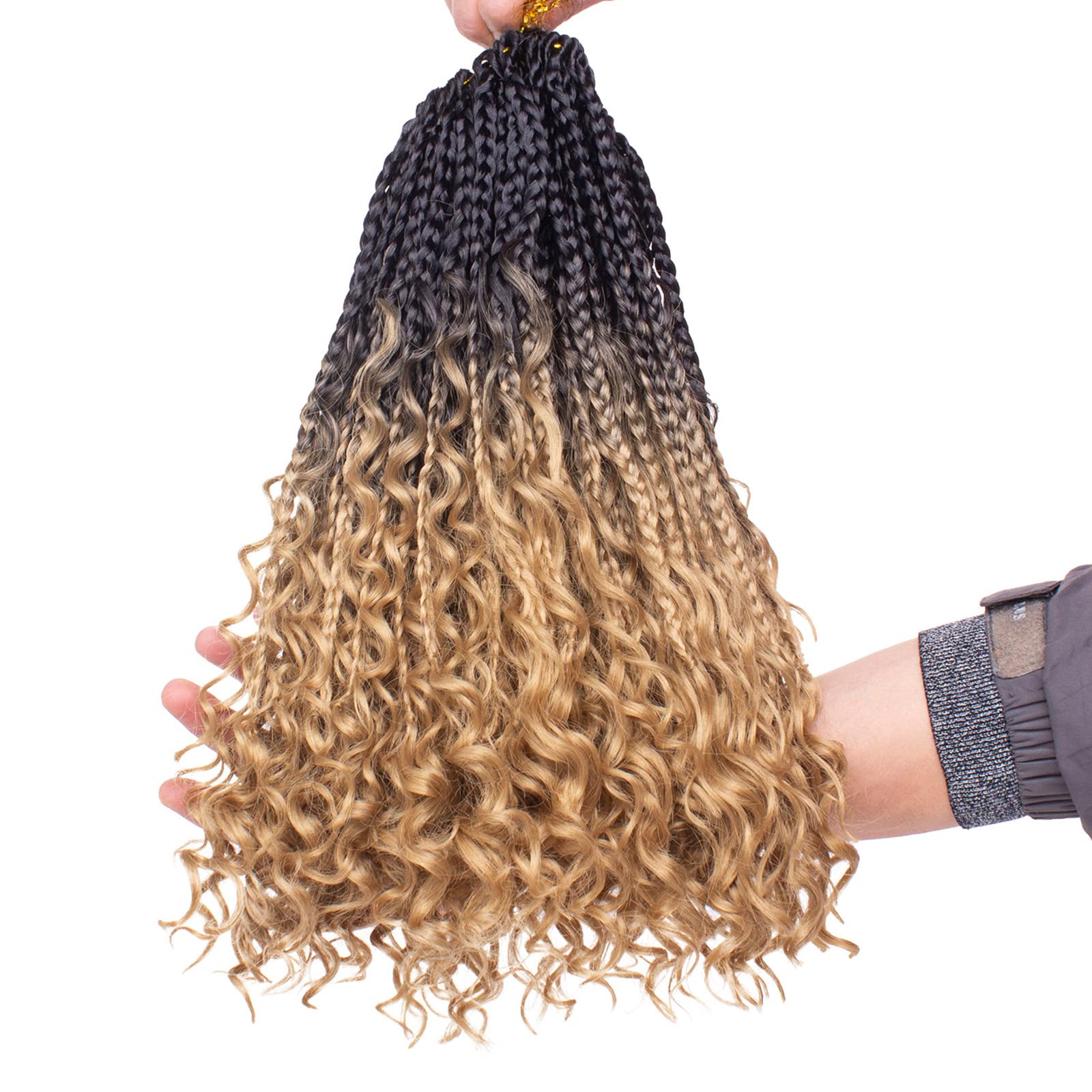 Union Beauty 14 Inch Boho Box Braids Crochet Hair with Curly Ends Pre-looped 8 PCS Messy Goddess Locs Bohemian Hippie Braids Water Wavy Hair Synthetic Braiding Hair Extension for Black Woman 1B/27#