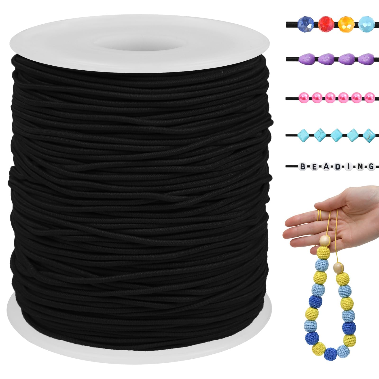 LEREATI Black Elastic Cord for Jewellery Making 1.2mm x 100m Elastic Thread for Bracelets Elastic Bracelet String Round Stretchy String for Bracelets, Necklaces, Sewing, DIY Crafts