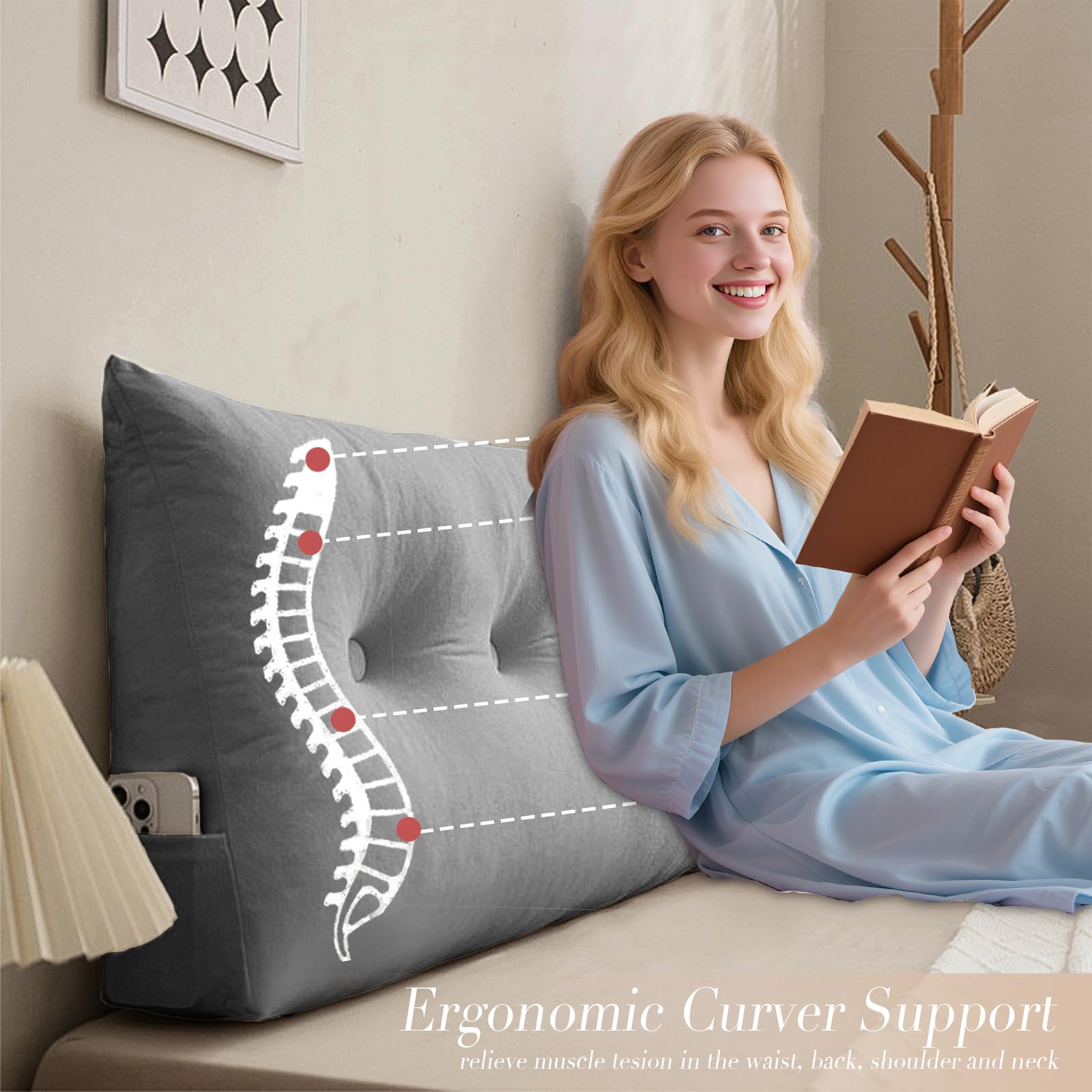 cnsmak Triangular Wedge Headboard Pillows Twin Dorm Headboard Pillow Long Backrest Positioning Support for Sleeping Back Pillow for Bed Sitting Up Wedge Pillow Reading Bed Lumbar Pillow