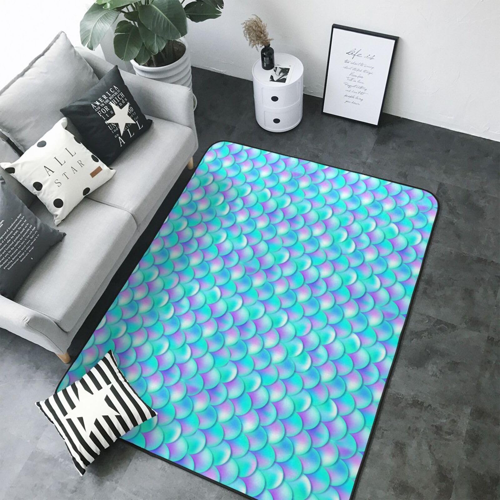 Tapis d'intérieur lavable en motif écailles de poisson violet et bleu pour votre salon moderne