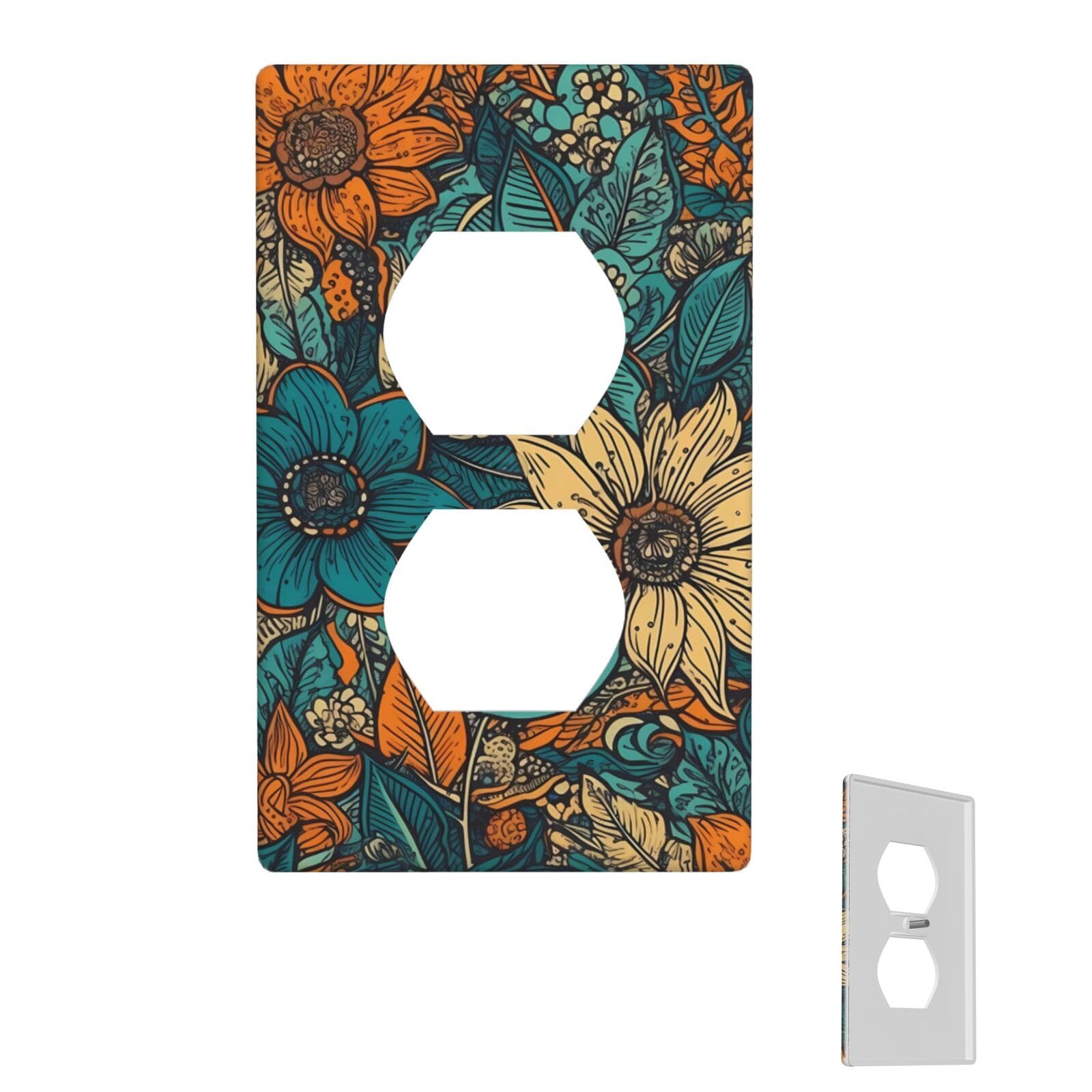 Wall Plate Duplex Outlet Covers 1-Gang Wall Plate Covers Turquoise Colored Flowers Light Switch Cover Decorative Electrical Faceplate Light Switches for Kitchen Bedroom Decor 4.5" X 2.76"
