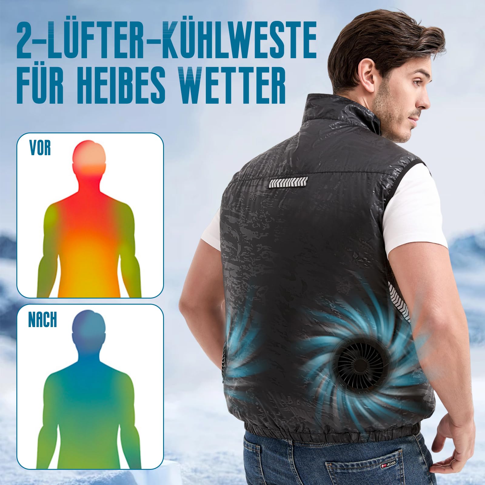 Gilet refrigerante elettrico da 12 V, con batteria e 2 ventole, riflettente, per adulti, estate, attività all'aperto e lavoro