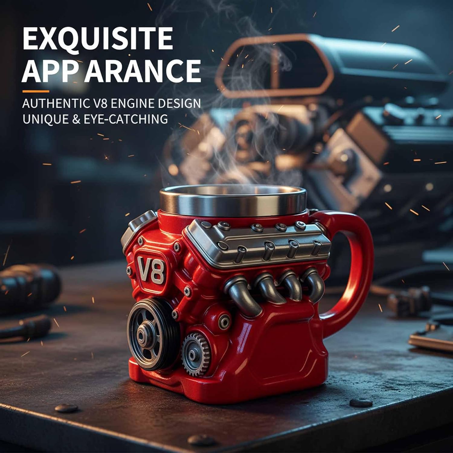 V8 Engine Coffee Mug, Car Engine Themed Coffee Mug, Personalized Creative Retro-Styled Mechanic Cup with Double Wall Insulation Perfect for Father's Day, Husband, Mechanic, Car Enthusiast Gifts (1pc)