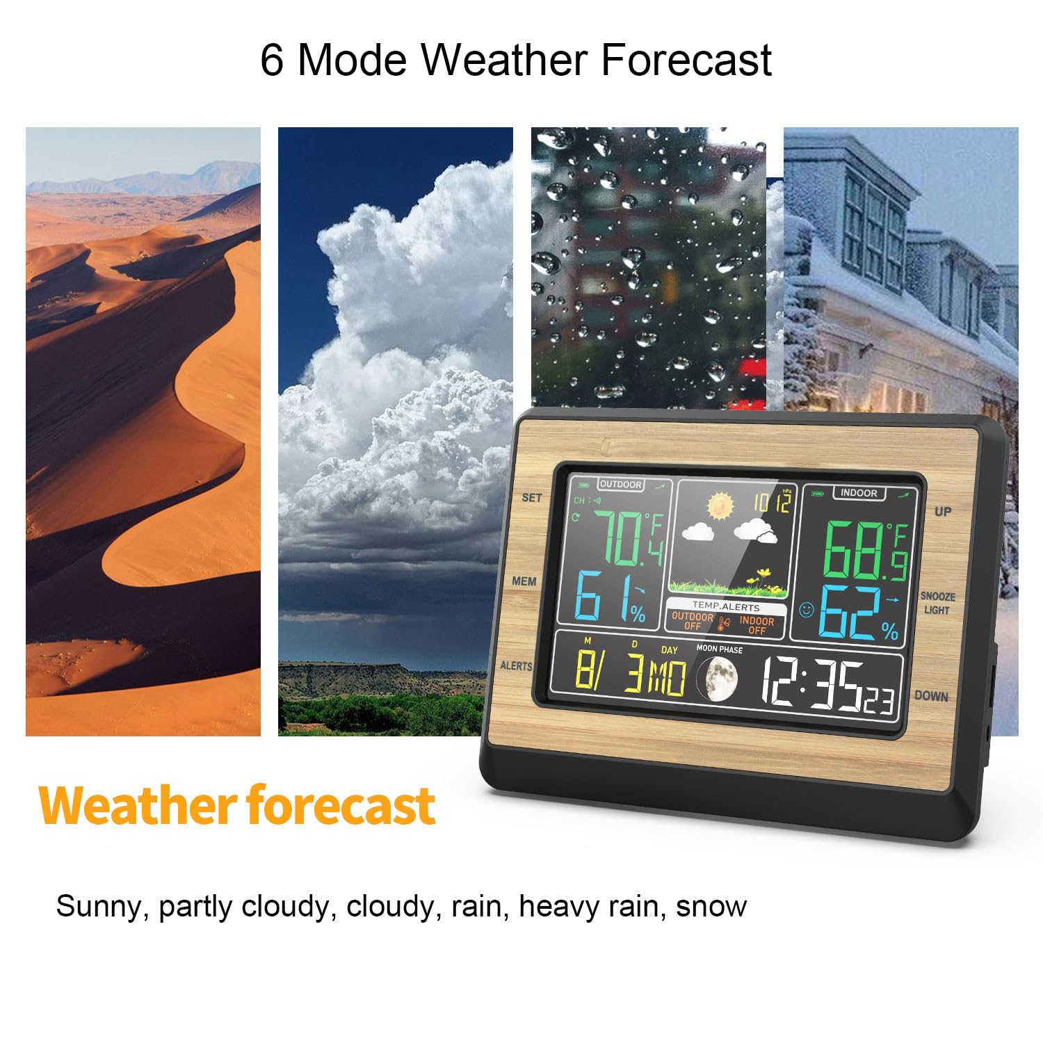 Digitales LCD-Thermohygrometer Uhr mit Funk-Sensor Einstellbarer Helligkeit Alarm bei Grenzwertüberschreitung Wettervorhersage Temperatur- und Feuchtigkeitsanzeige für Hause Drinnen Draußen