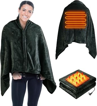 KOCASO USB Heated Blanket Poncho - Electric Portable Shawl Wrap Throw With 3 Heating Settings, Zipper, Washable for Home Office, 59x31in, Black