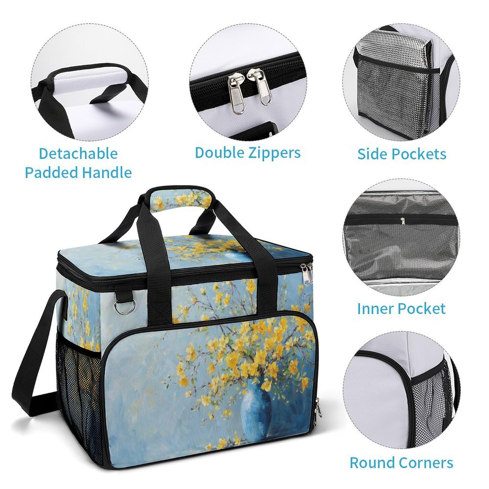 Bolsa térmica con diseño de flores amarillas en florero, bolsa térmica para playa, portátil, a prueba de fugas, con correa para el hombro