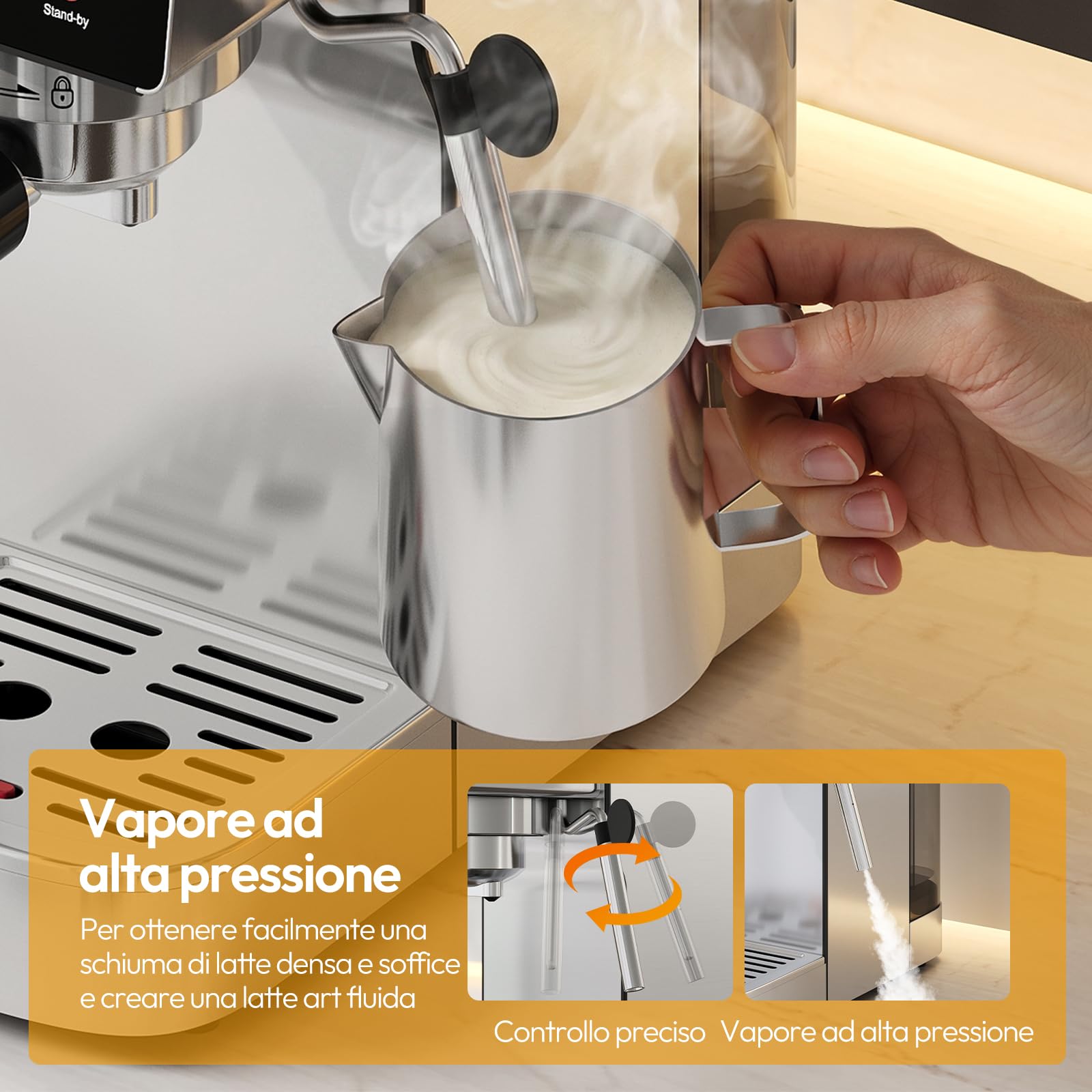 LLIVEKIT Macchina per Caffè Espresso 20 Bar con Montalatte, Compatibile con Capsule e Caffè Macinato, 1350 W, Serbatoio 1,2 L, Funzione Decalcificazione, Spegnimento Automatico, Acciaio Inossidabile