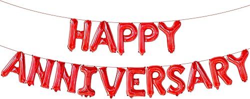 KatchOn Letras de globos rojos de feliz aniversario 16 pulgadas pancarta de feliz aniversario para decoraciones de feliz aniversario telón de fondo