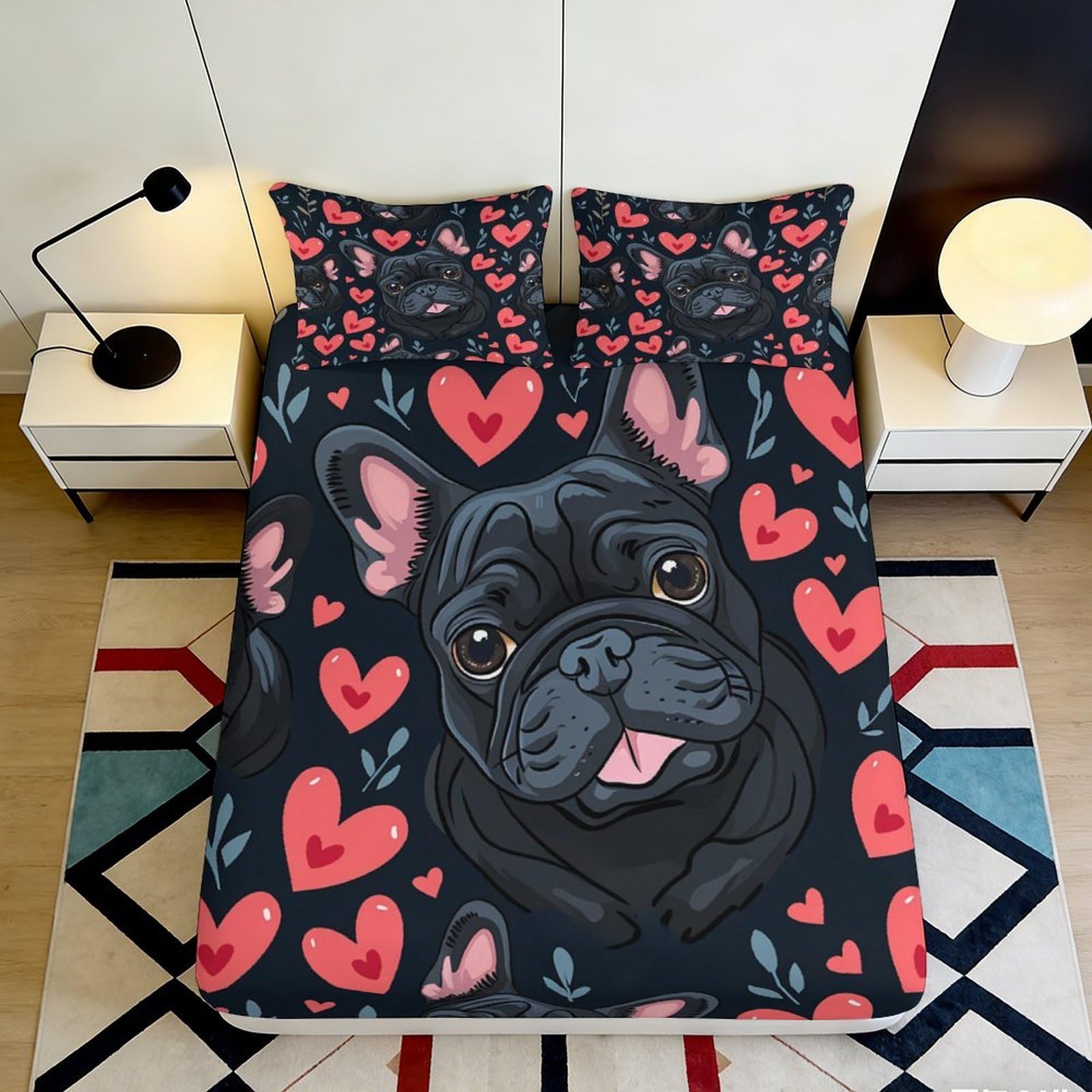 3D Printed French Bulldog Heart Fitted Sheet Microfiber Black Cartoon Bed Cover for Bedroom Guest Room Decor 90x200x25cm