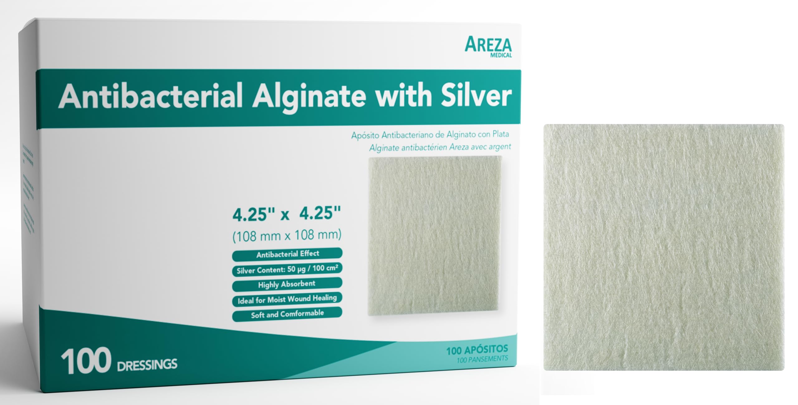 Areza Silver Calcium Alginate Antibacterial Wound Dressing Pads – Sterile, Non-Stick, Highly Absorbent; for Wound Drainage & Infection Risk (4.25″×4.25″, 100-Pack per Box), 1 Box