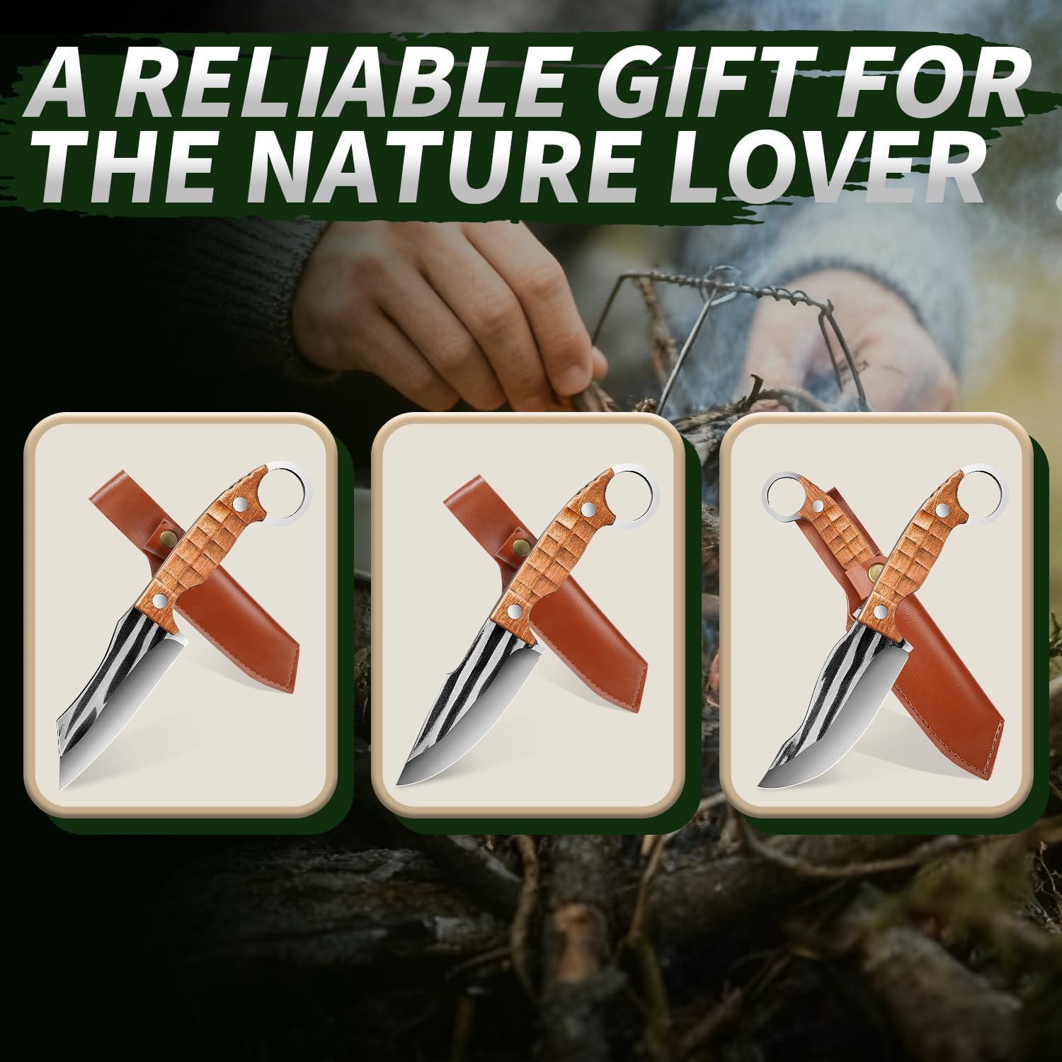 Plys Multi-Tool Survival Knife Set - 3 Pieces Full Tang Blade with Ergonomic Rosewood Handle, Ideal for Camping, Hiking, Fishing, and Outdoor Activities