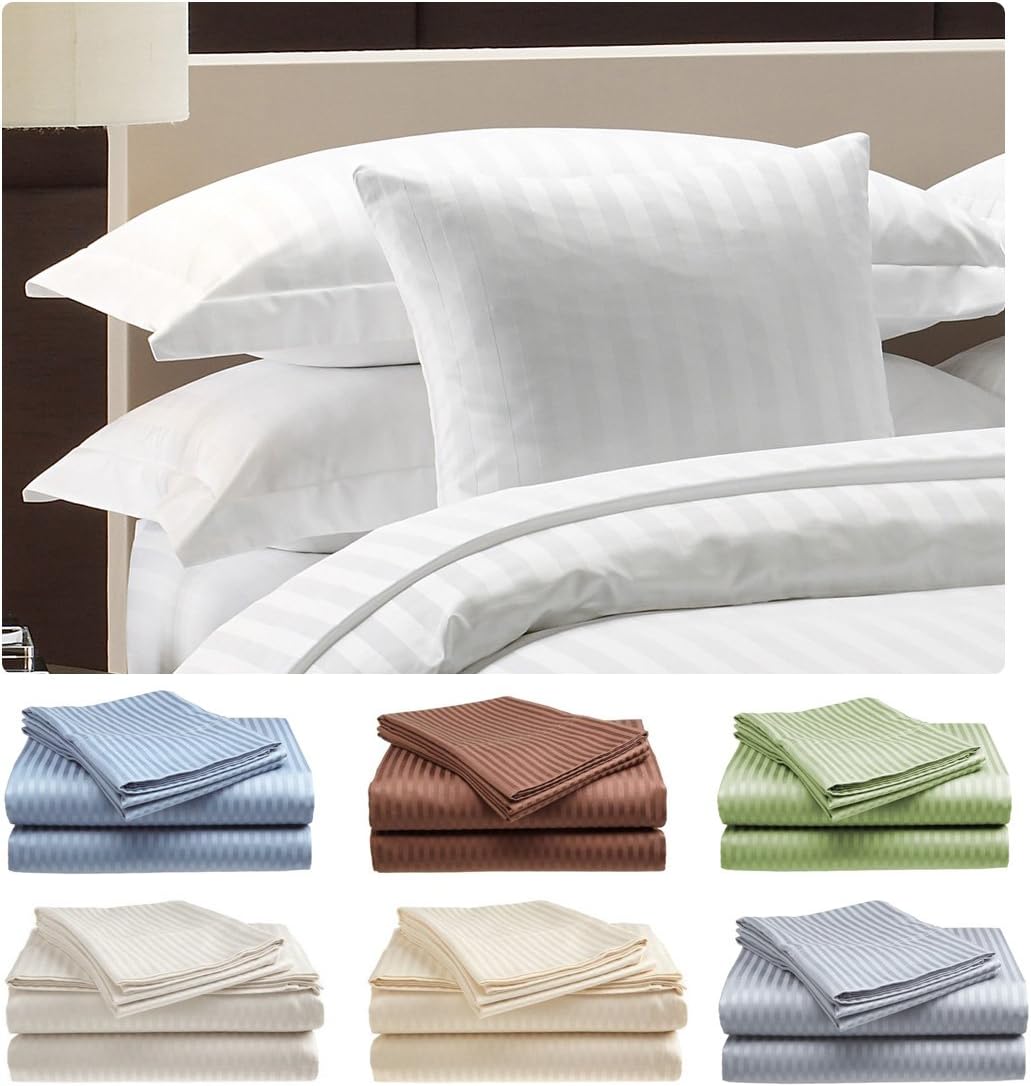 Crystal Trading 4-Piece Bed Sheet Set - Dobby Stripe - 100% Cotton Sateen - 300 Thread Count