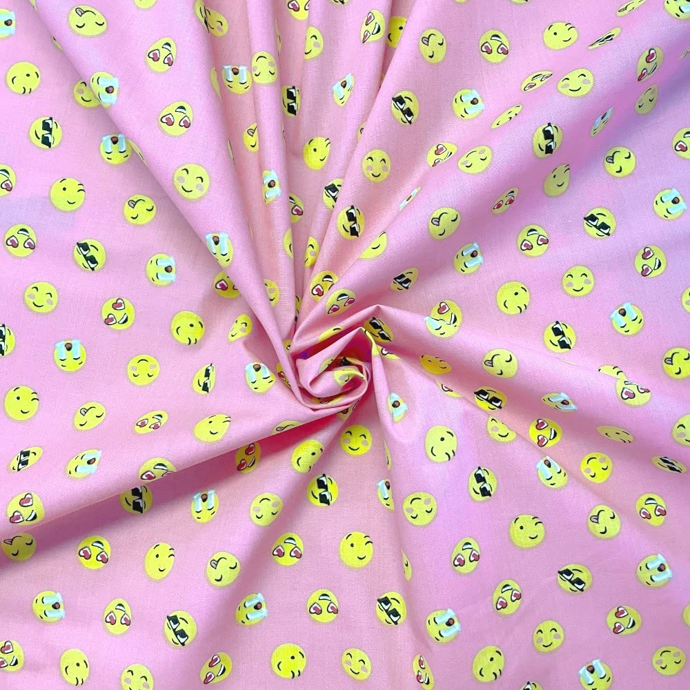 Oh Sew Crafty Limited Pink Polycotton Fabric Emoji Emotions Faces Expressions Emoji Movie Per Metre (Pink)