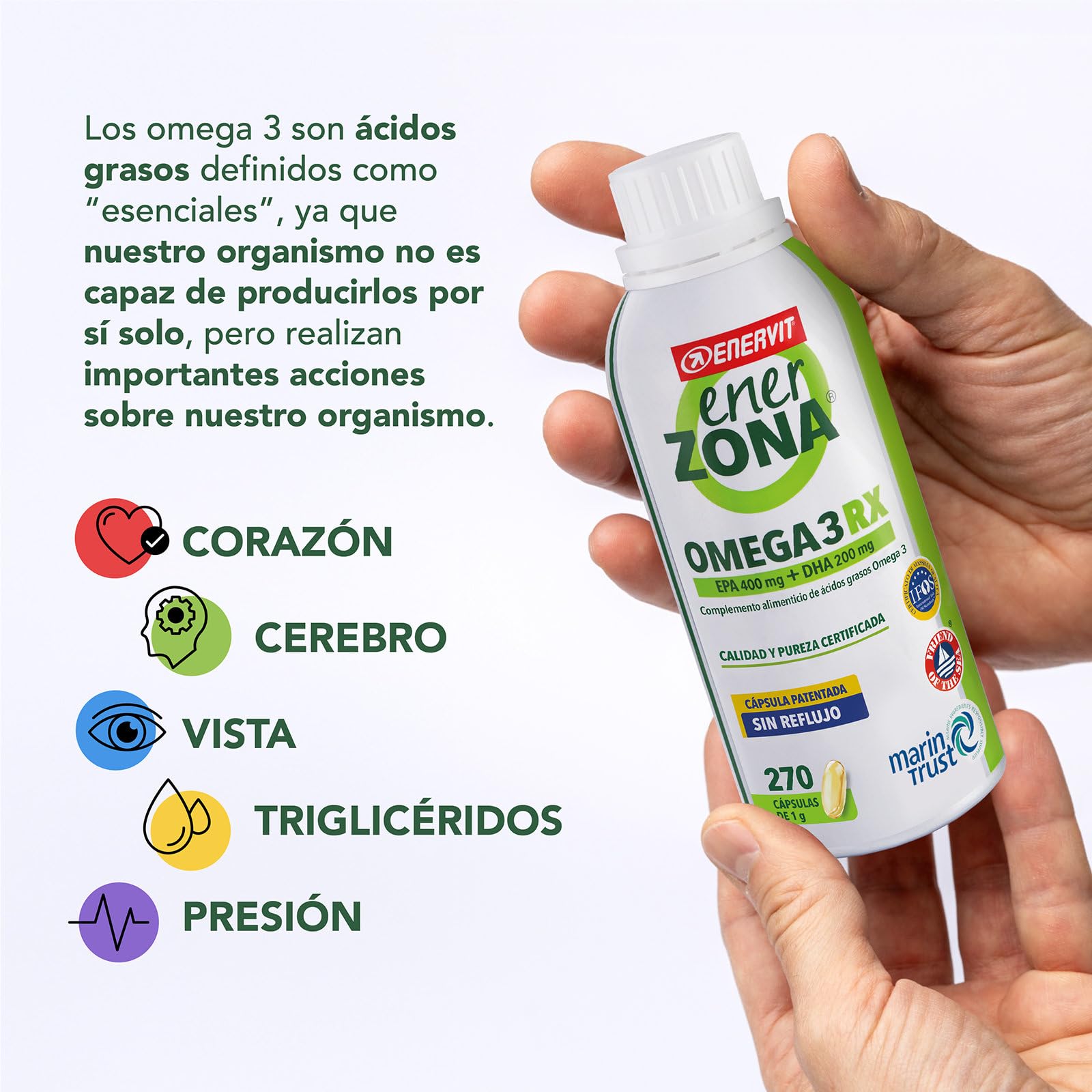 Enervit EnerZona Omega 3RX, Sin Retrogusto, Certificado IFOS, Suplementos de Ácidos Grasos Omega 3 EPA y DHA para Corazón, Vista y Cerebro, Sin Gluten, 270 Cápsulas de 1g